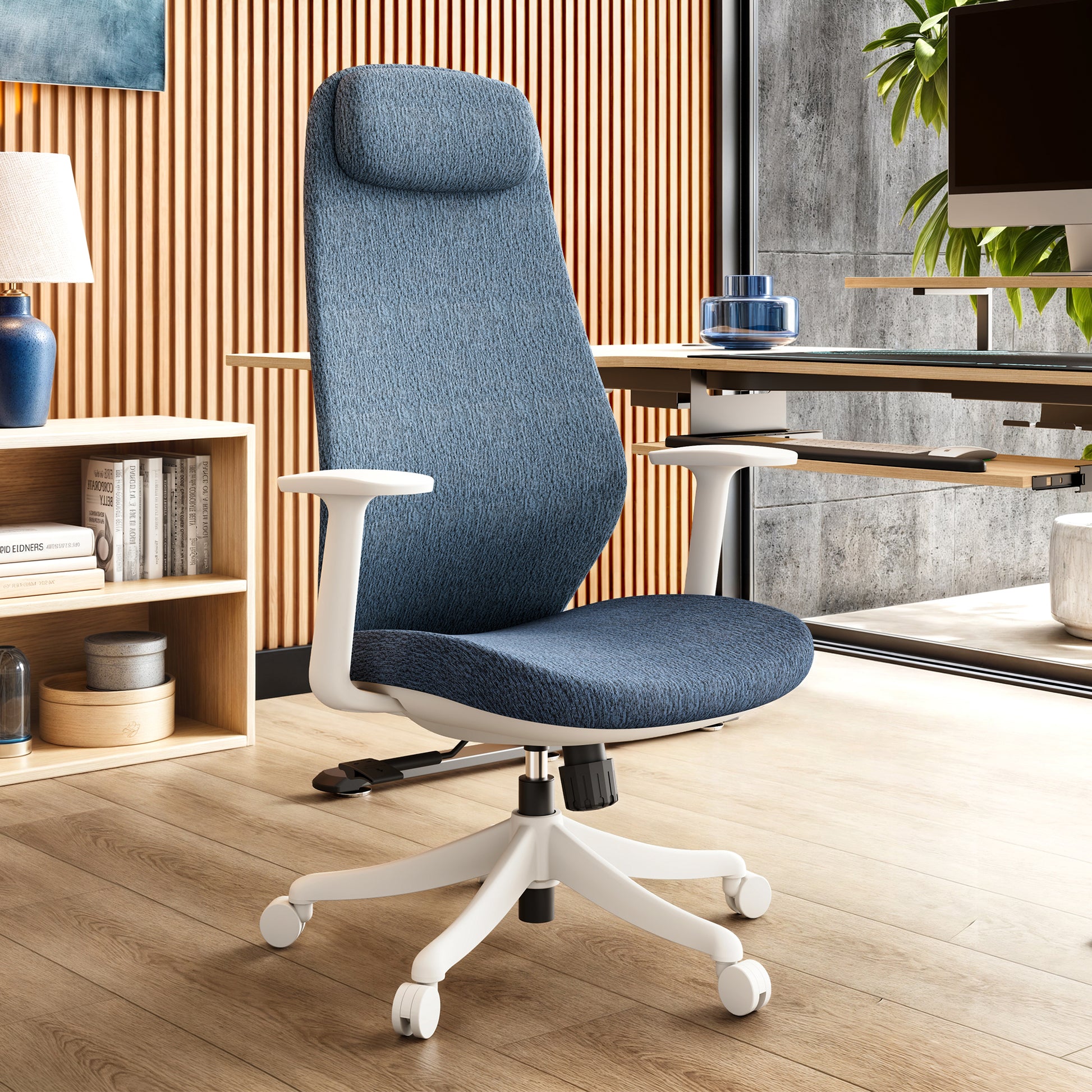 Skylar-Lite Duo Hue Ergonomic Office Chair. Blue Woven Fabric, White Frame, Ideal for Home Or Office Workspace.