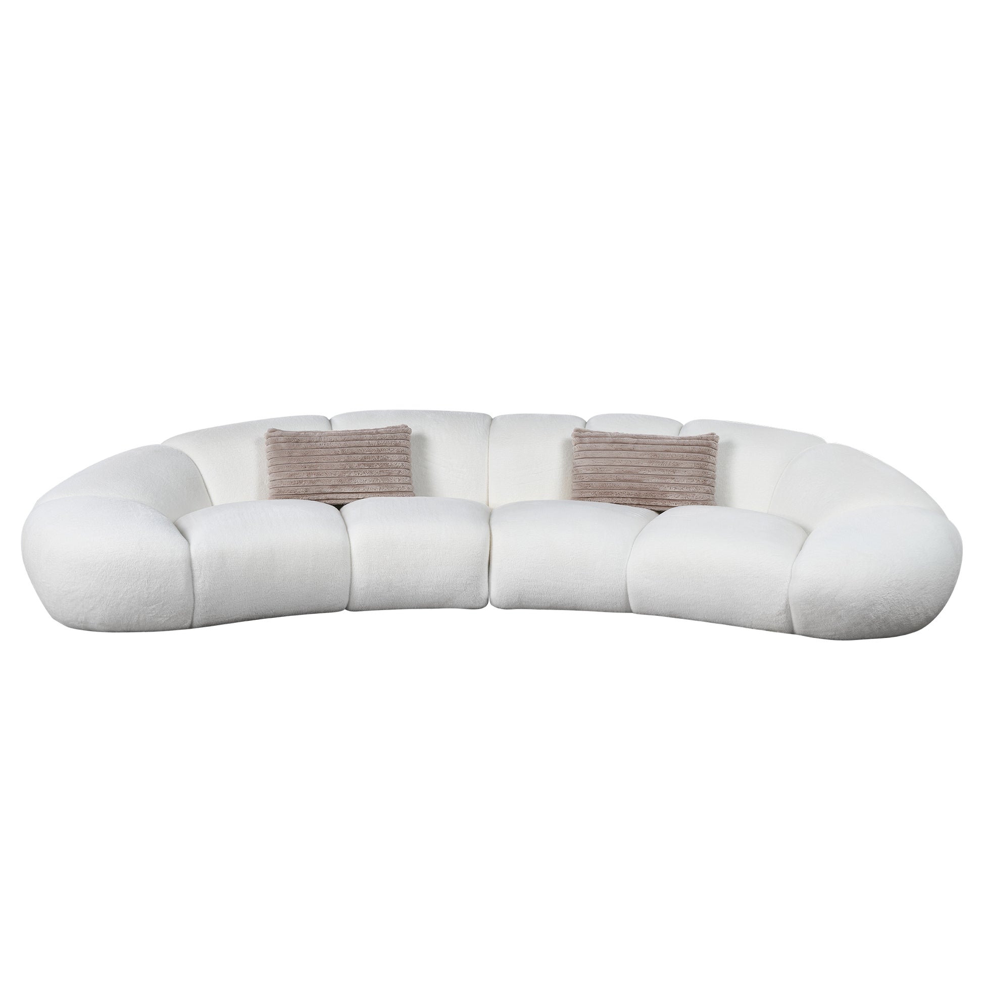 Adele Modern Curved Sofa, White Plush Fabric, Modern Living Room Sofa, With Beige Pillows, Comfortable Texture.