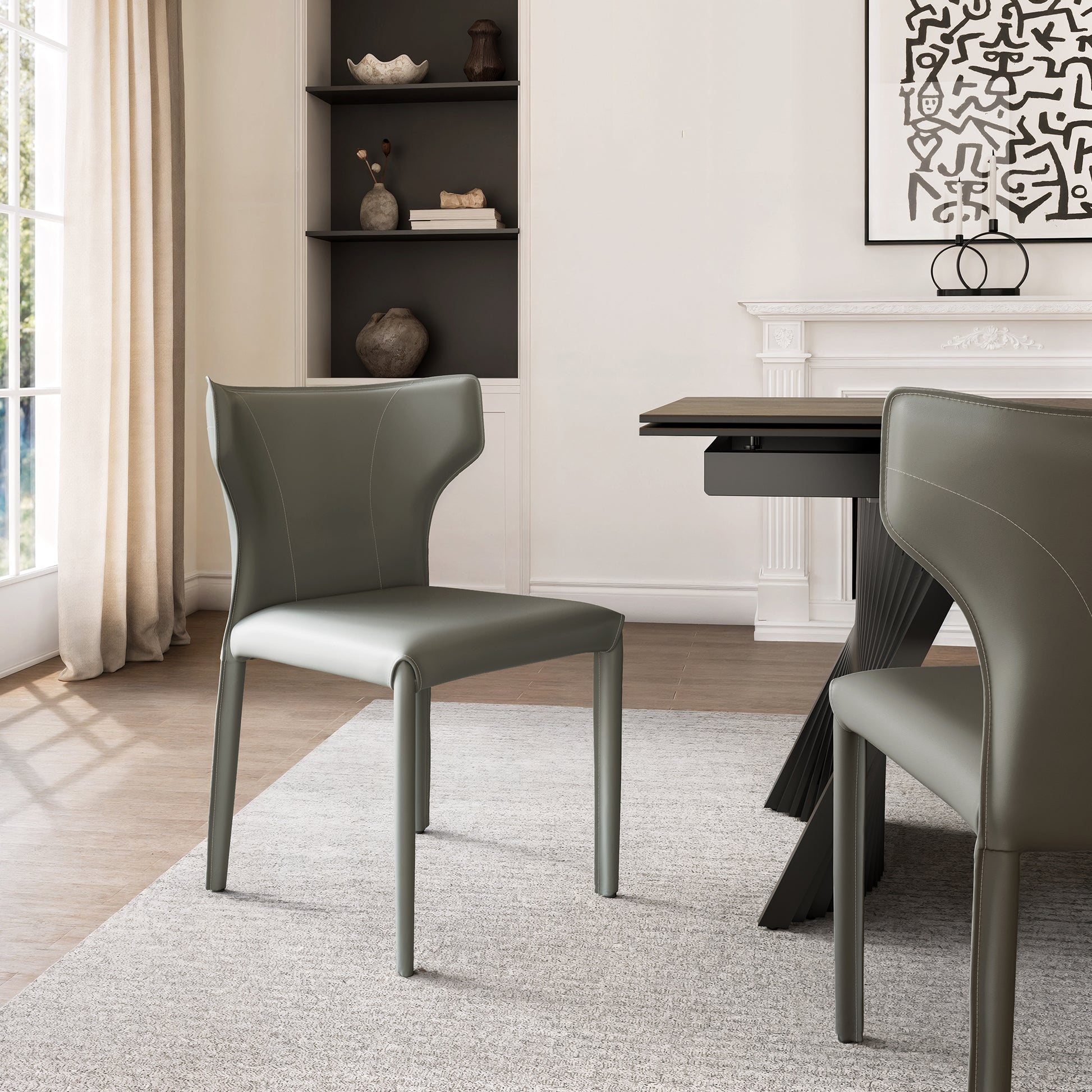 Majestic Gray Leather Dining Chairs, Modern Design With Whale-Tail Backrest, Dining Room Setting.