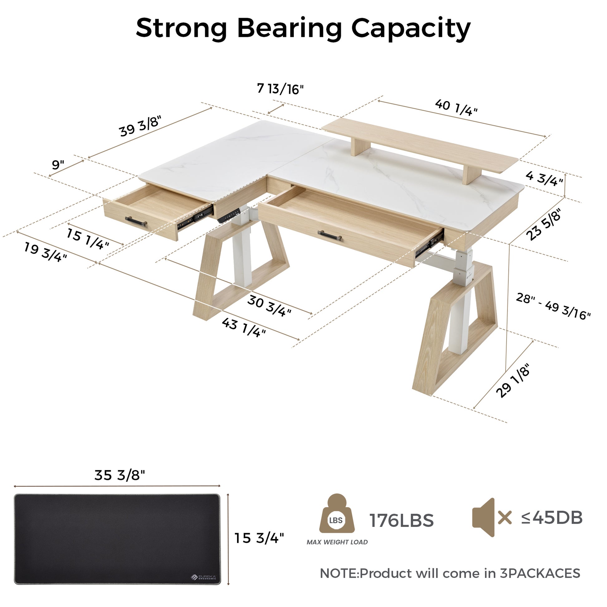Eureka Ark Pro L-Shaped Desk Dimensions, White Sintered Stone Top, Wooden Accents, Max Weight Load.
