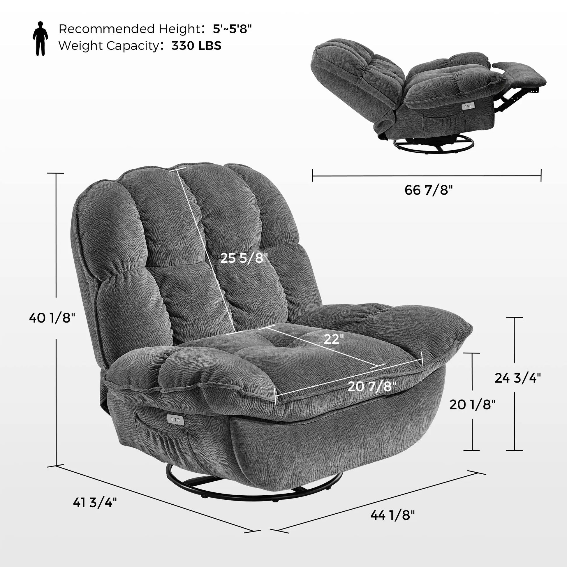 Grayson Manual Recliner Chair in Gray Chenille With Dimensions and Weight Capacity for Comfortable Seating.