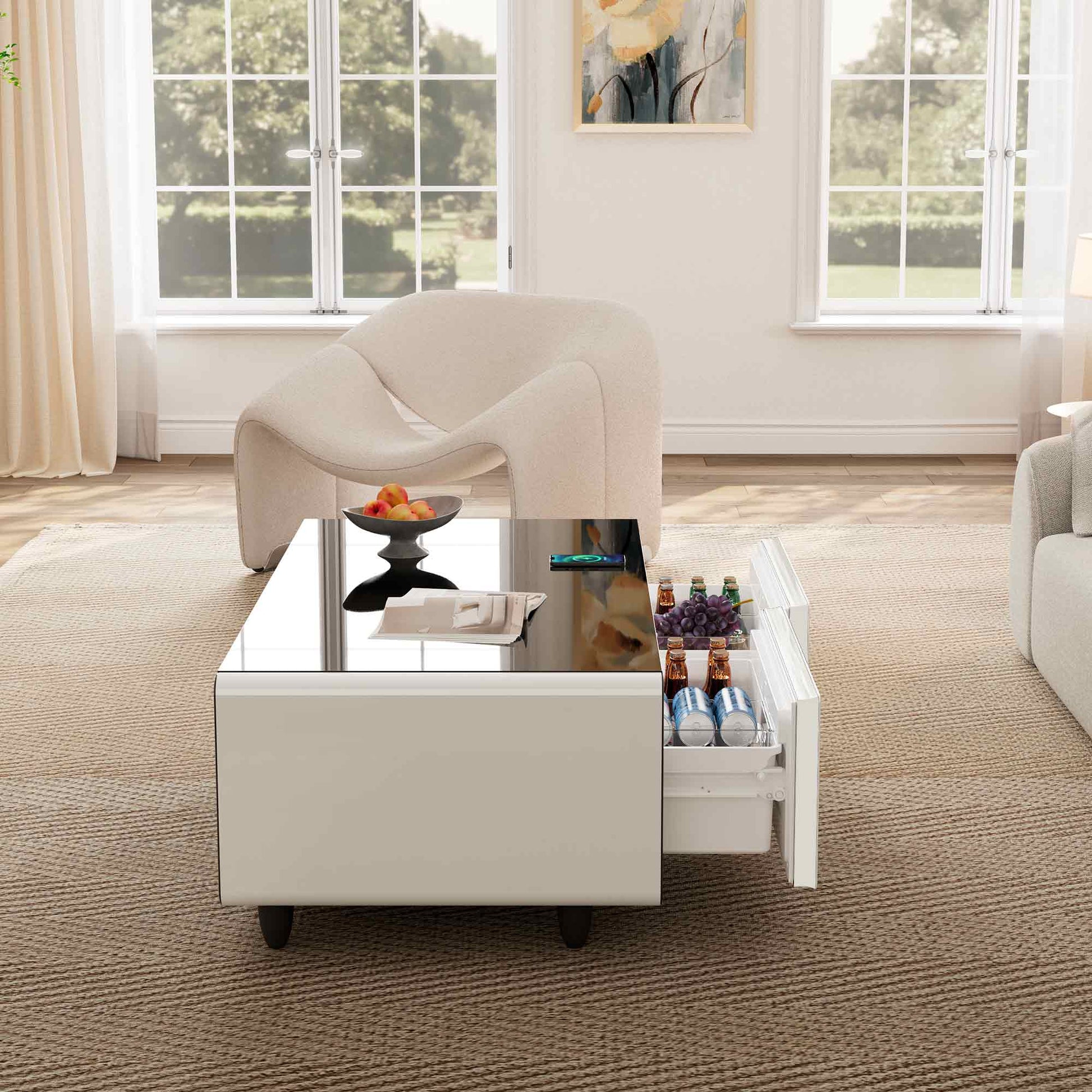 50 inch White Smart Fridge Coffee Table with Bluetooth Speakers, Lifestyle Product Image with Drawers Open
