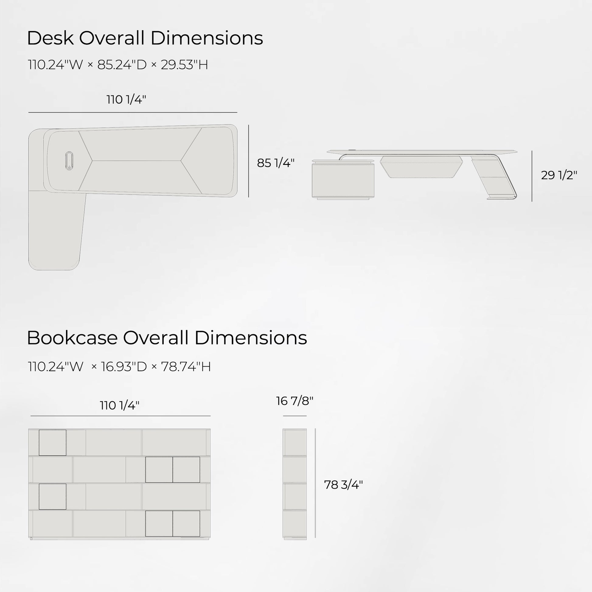 Eureka Ergonomic Zen Altair desk & bookcase dimensions diagram: 110.24"W x 85.24"D x 29.53"H desk, 110.24"W x 16.93"D x 78.74"H bookcase.
