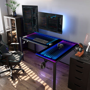 L60 Glass Gaming Desk, Black-colored, Right Sided, Eureka Ergonomic, Tempered Glass, RGB Gaming Desk, Lifestyle