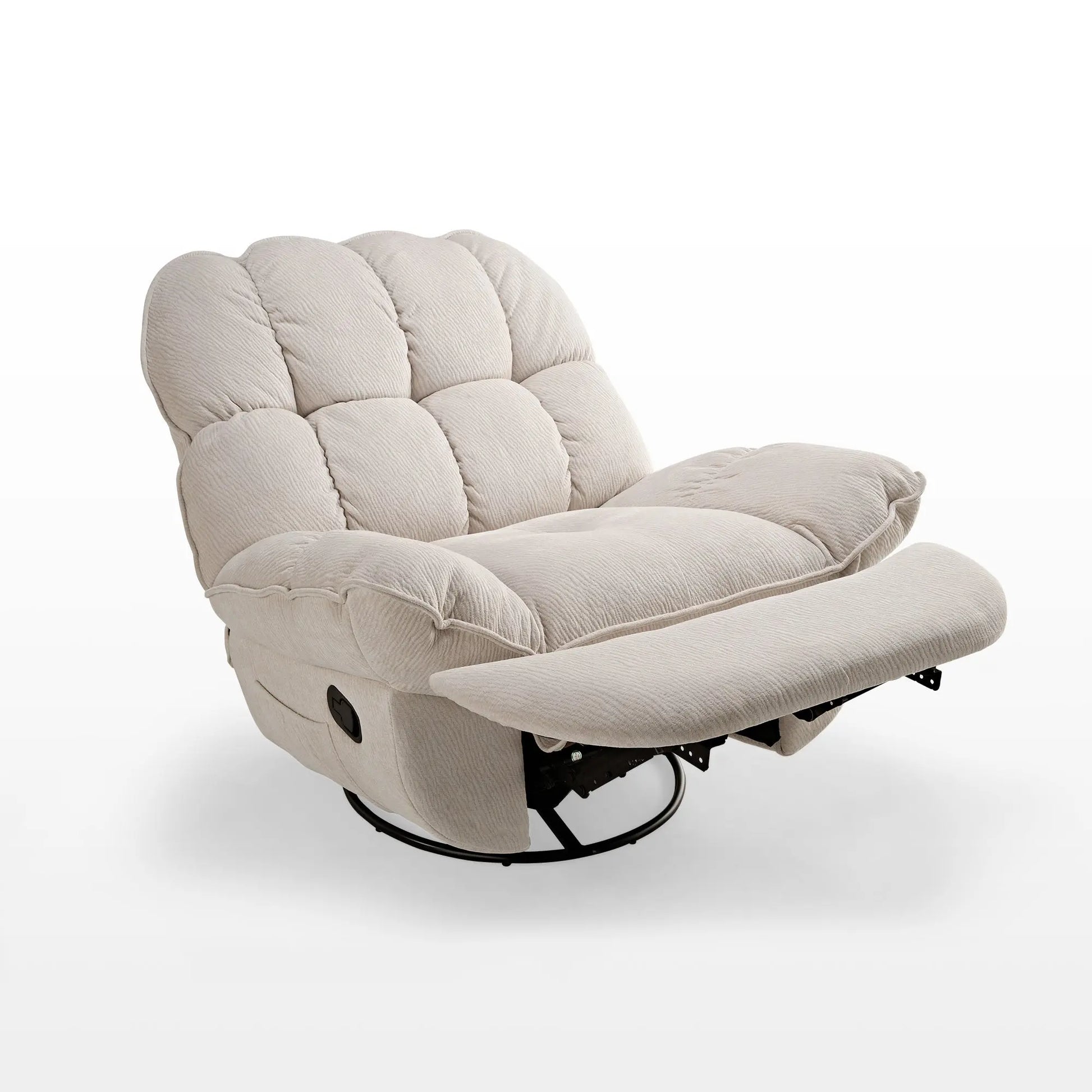 Grayson Manual Recliner Chair in Beige Chenille Fabric, Swivel Base and Reclining Feature for Comfort.