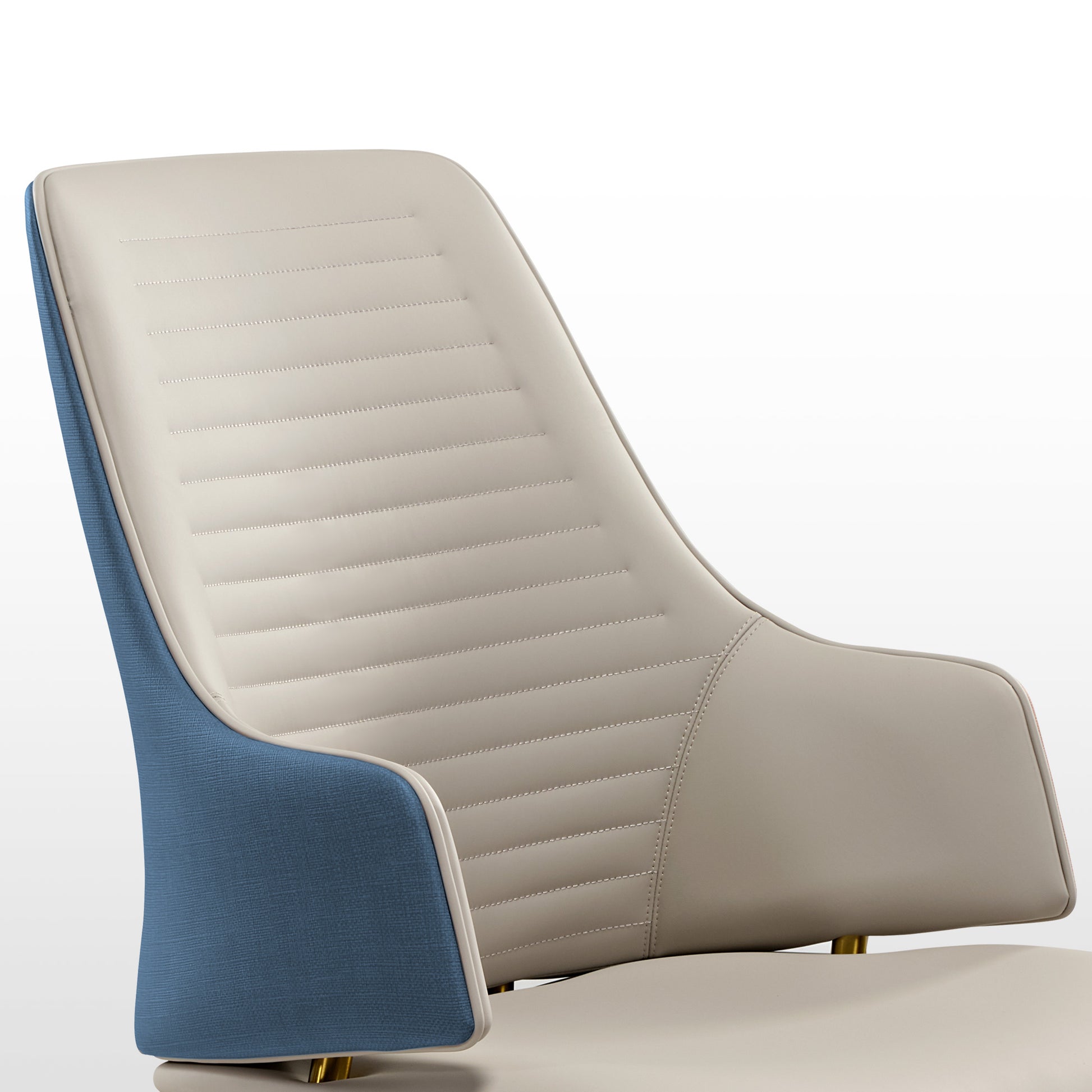 Juliet Dining Armchair Detail - Cream Leather Backrest, Blue Fabric Accents, Modern Design, and Gold Legs.