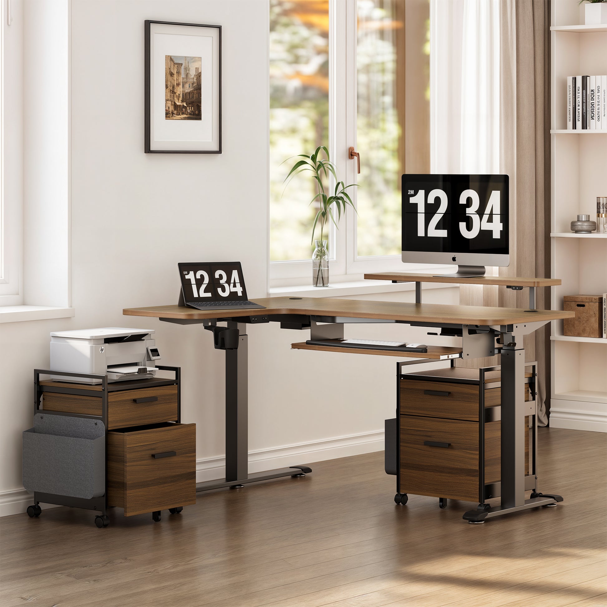 Ergonomic Corner Desk With Rolling File Cabinet, Printer, and Laptop in a Home Office Setup.