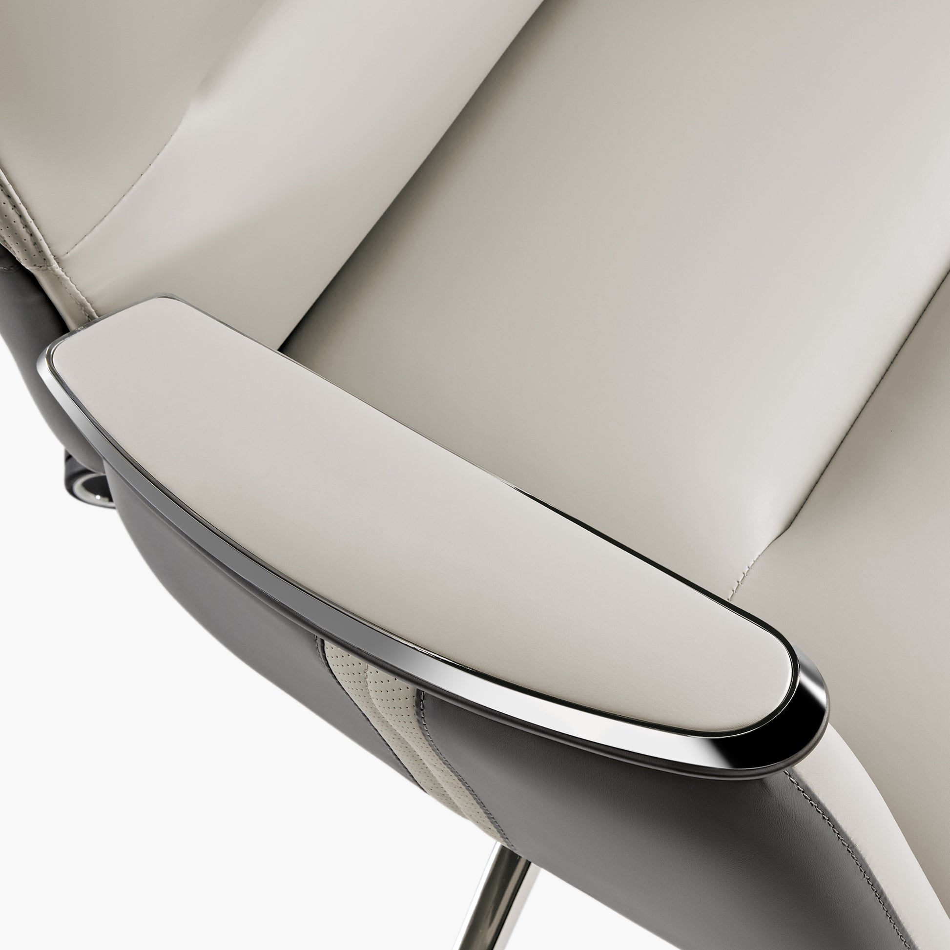 Royal II Executive Office Chair Armrest Detail, Showcasing Silver Trim, Gray Leather, and Ergonomic Design.