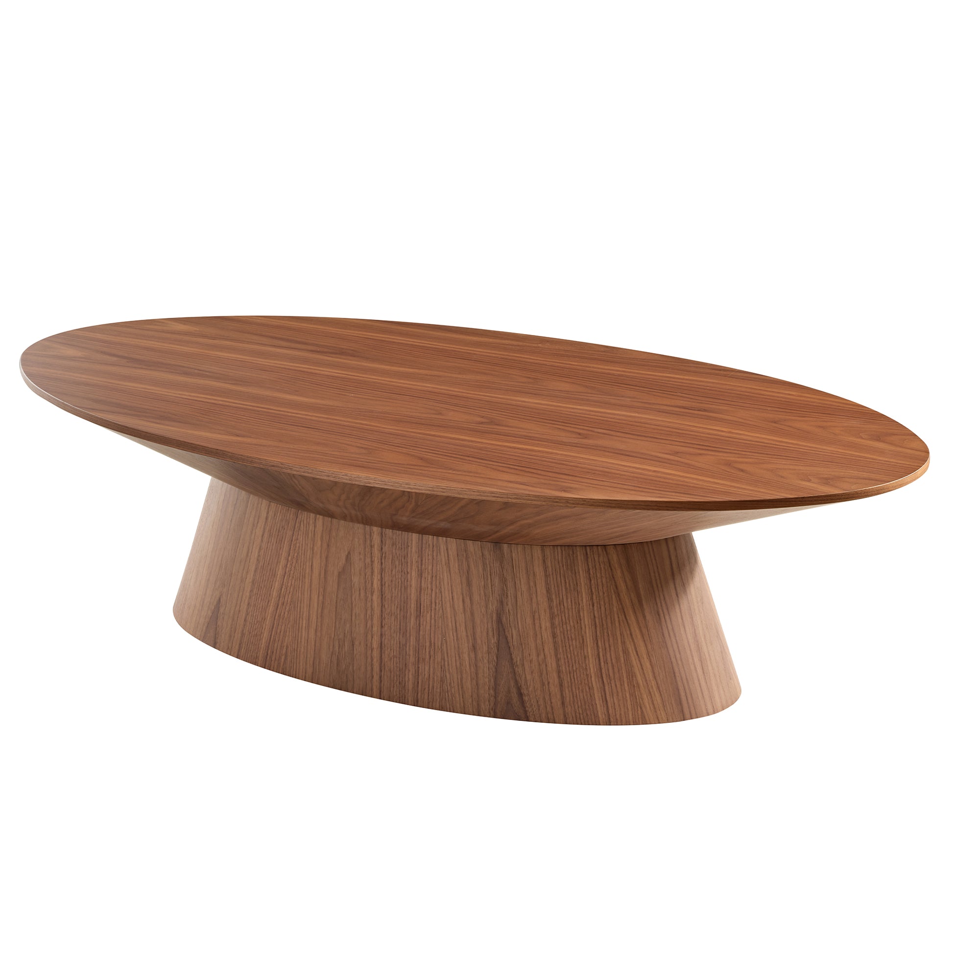 51 Walnut Oval Coffee Table in Walnut Veneer With Curved Base, Perfect for Modern Living Spaces.