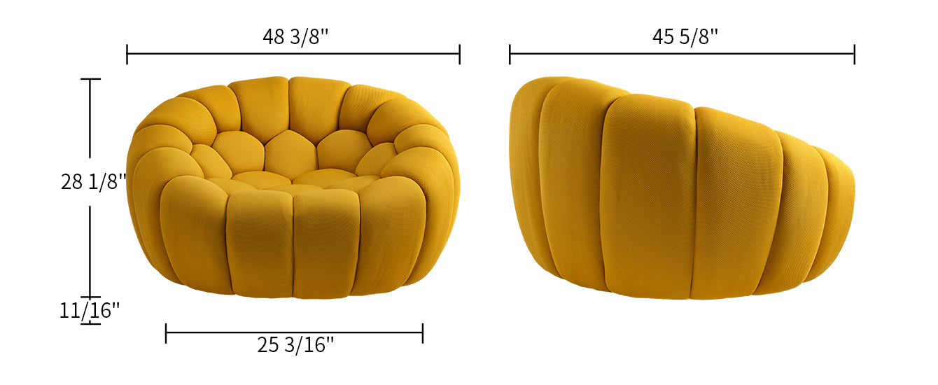 Luca Modern Accent Chair in Mustard Yellow, Showcasing Dimensions. Modern Sofa Chair Design.