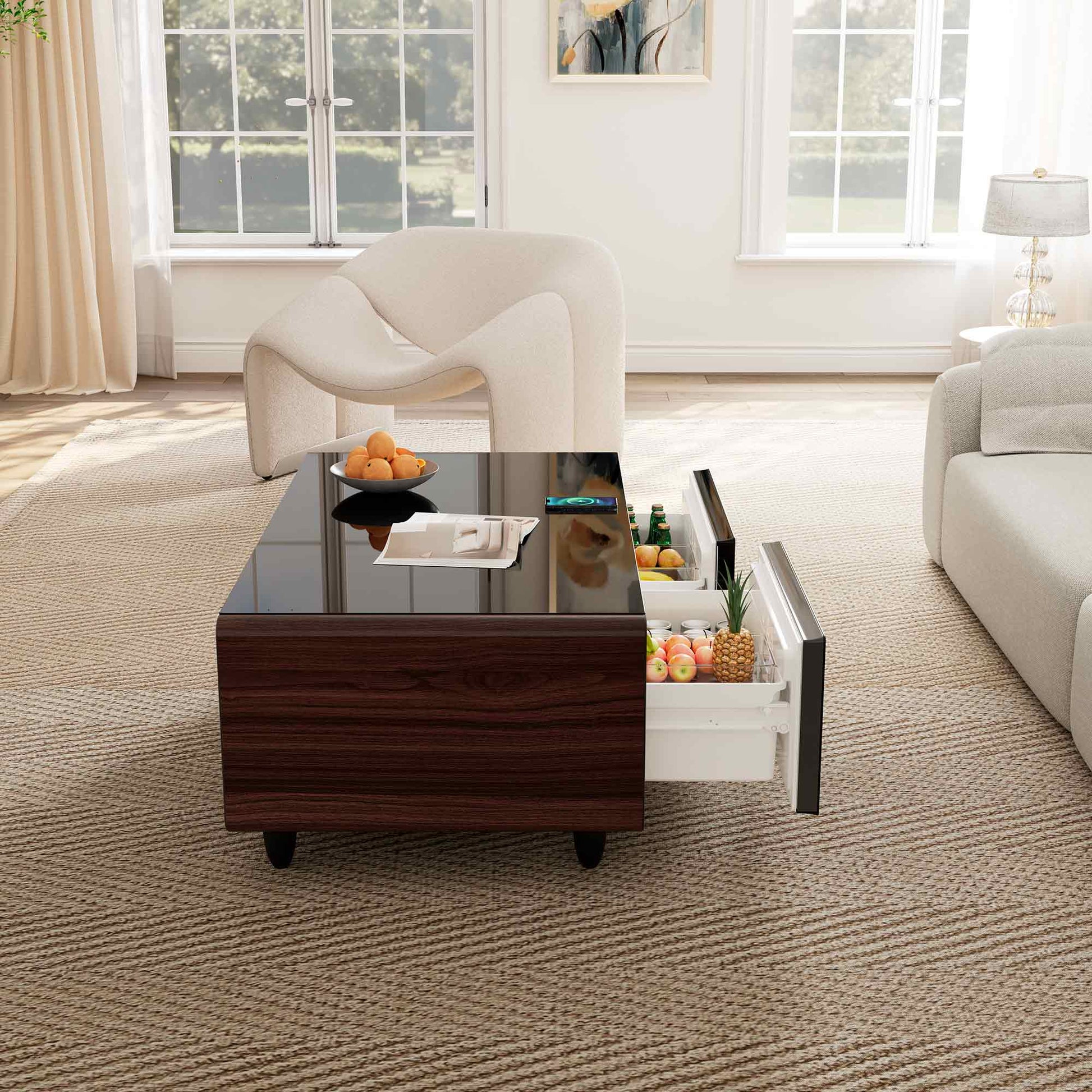 50 inch Walnut Woodgrain Style Smart Fridge Coffee Table with Bluetooth Speakers, lifestyle in minimalist Livingroom