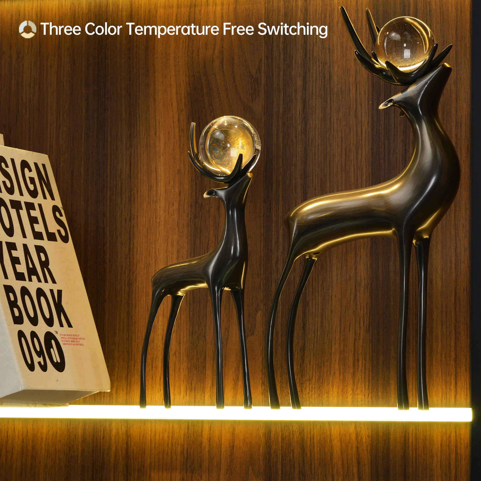 Modern Deer Sculptures With Glass Accents and Led Lighting, Showcasing 3-Color Temperature Options for Curio Cabinets.