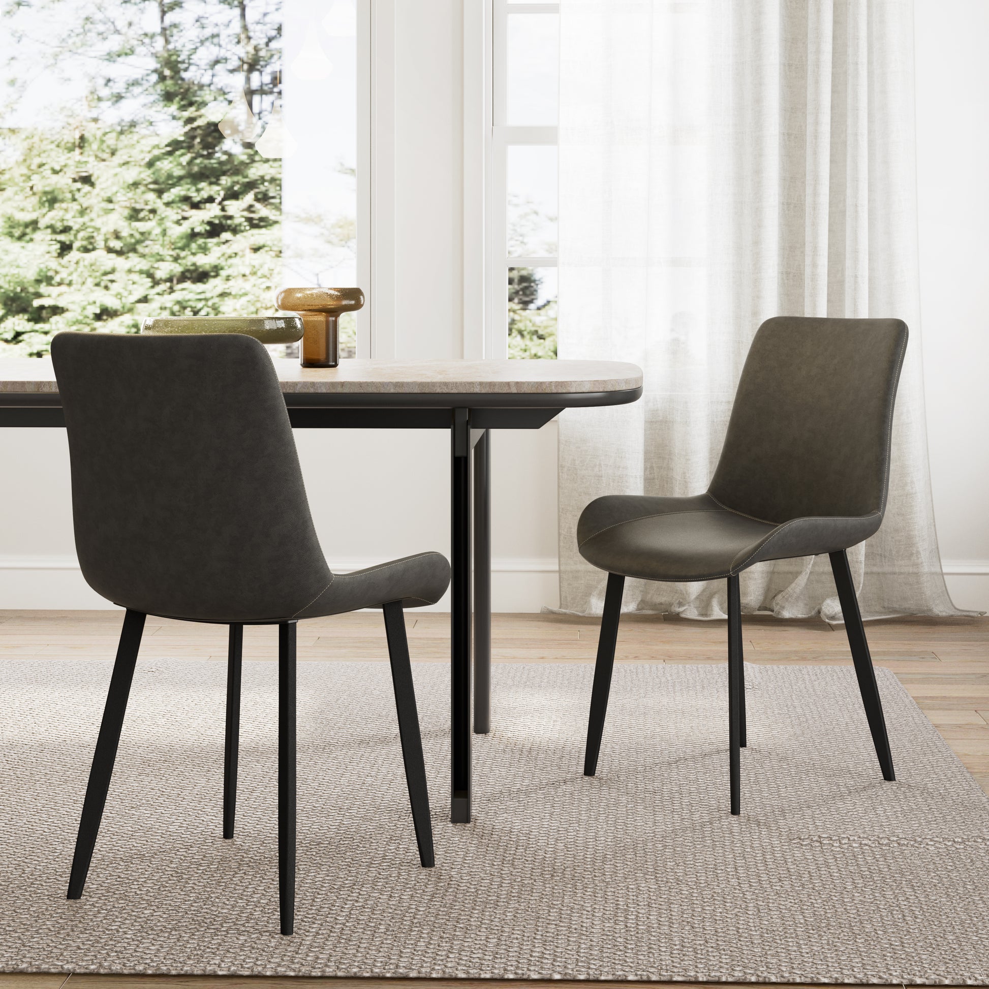 Milo Dining Side Chairs in Gray Synthetic Leather With Black Metal Legs, Set of 2. Modern Dining Room Furniture.