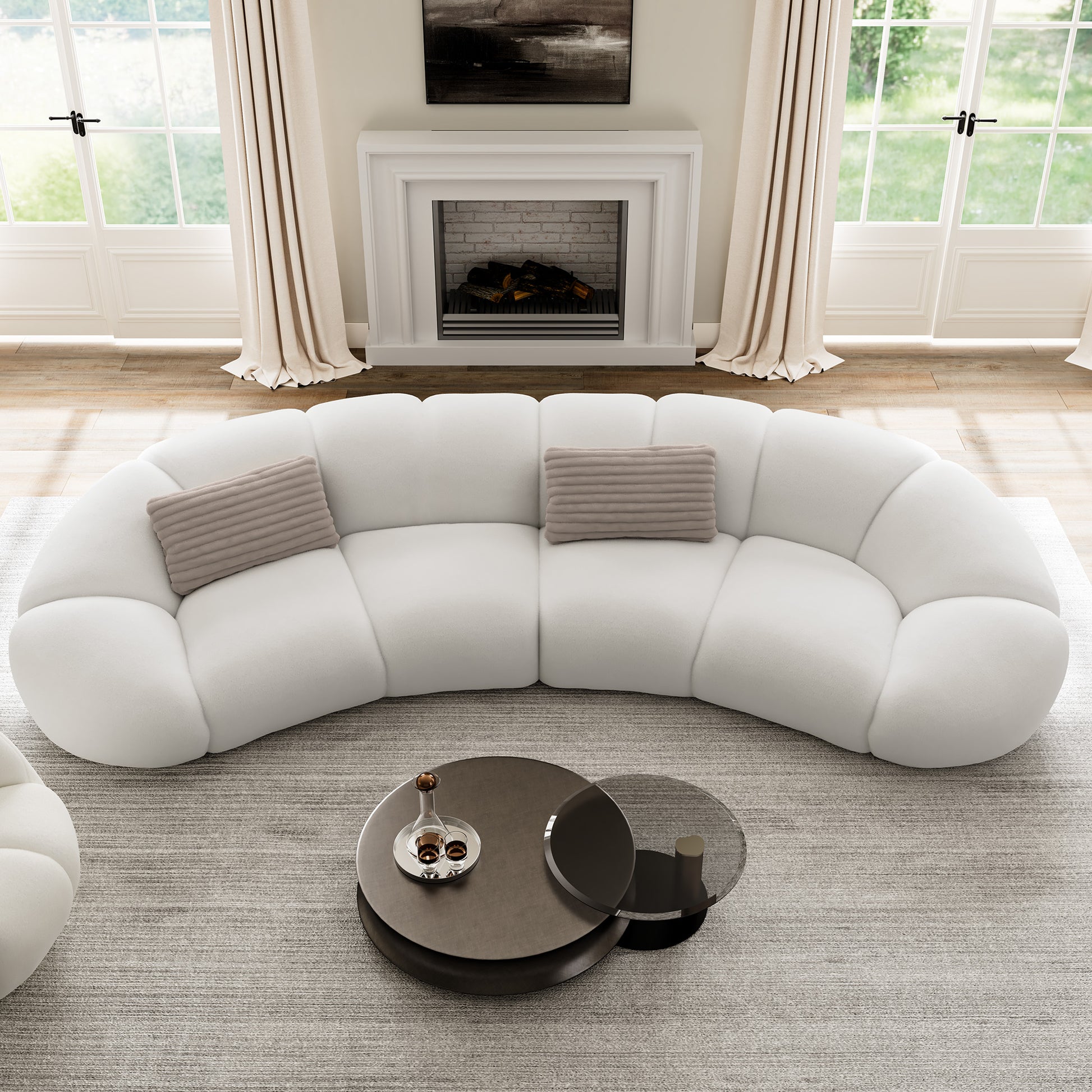 Adele Modern Curved Sofa in White With Pillows, Modern Living Room, Neutral Decor.