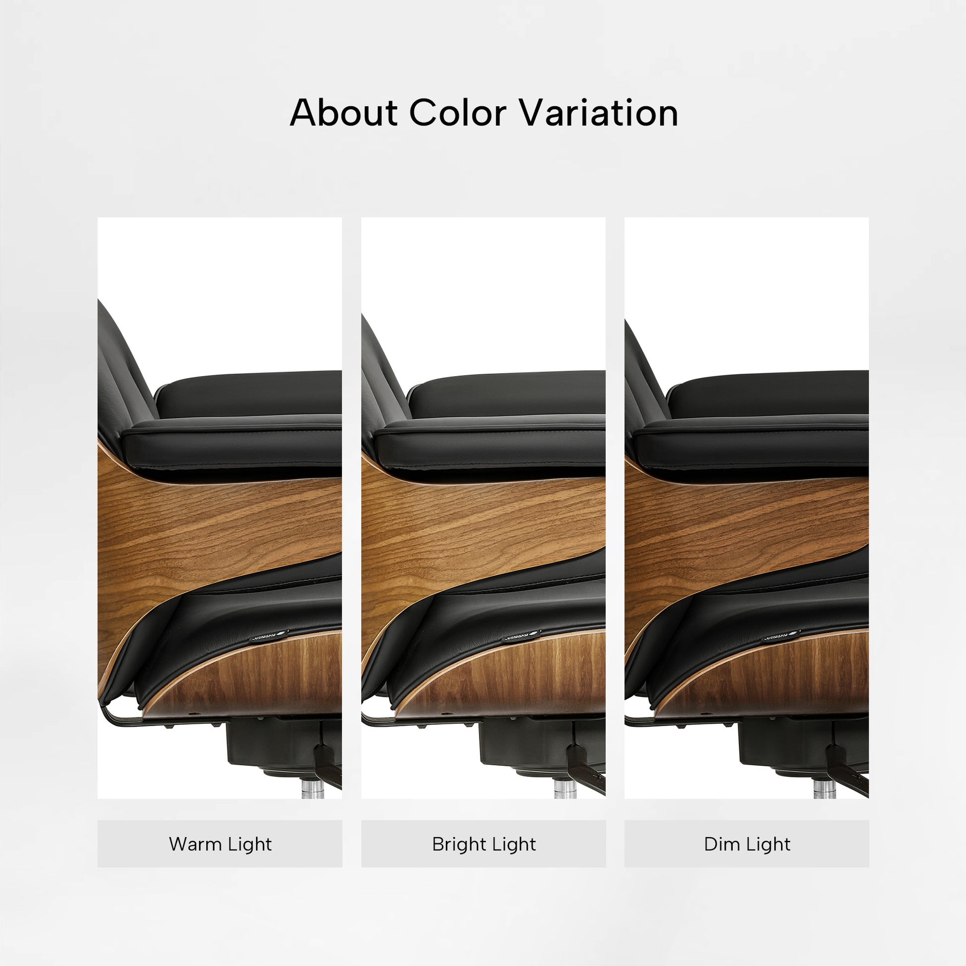 Eureka Ergonomic Mathias black leather ergonomic executive chair showcasing color variation under warm, bright, and dim light, with wood veneer shell.
