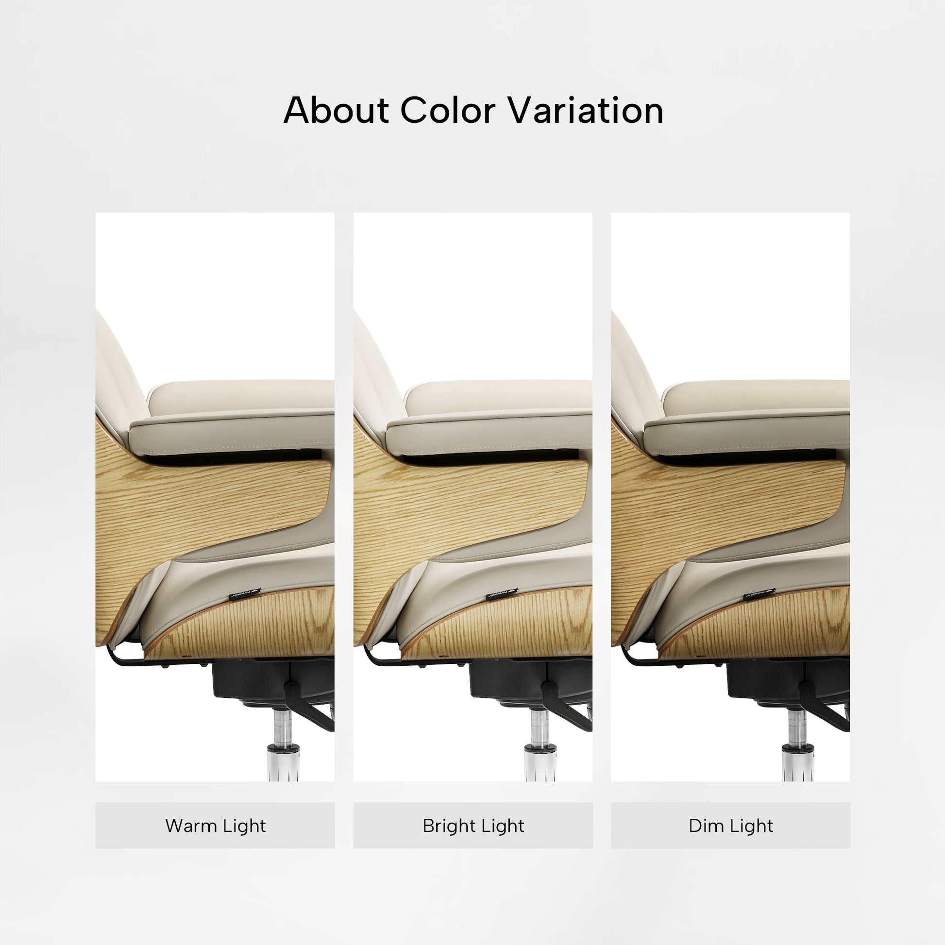 Eureka Ergonomic Mathias executive chair: light beige Napa leather & wood veneer color variation under warm, bright, dim light.