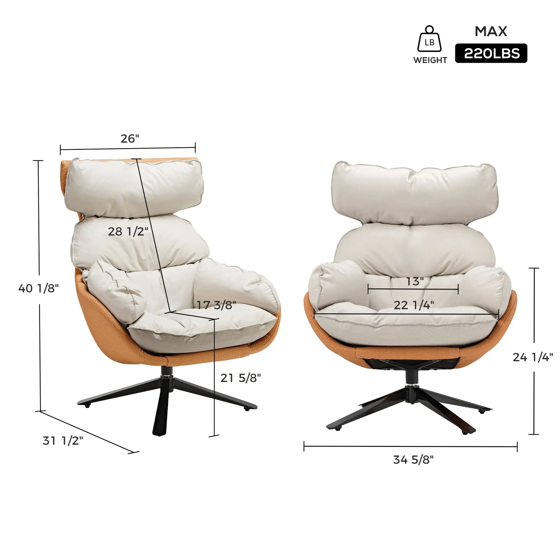 Todd Swivel Armchair With High Back, Cream Upholstery, Orange Woven Side, Ergonomic Design, 220 Lbs Max Weight, Swivel Base.
