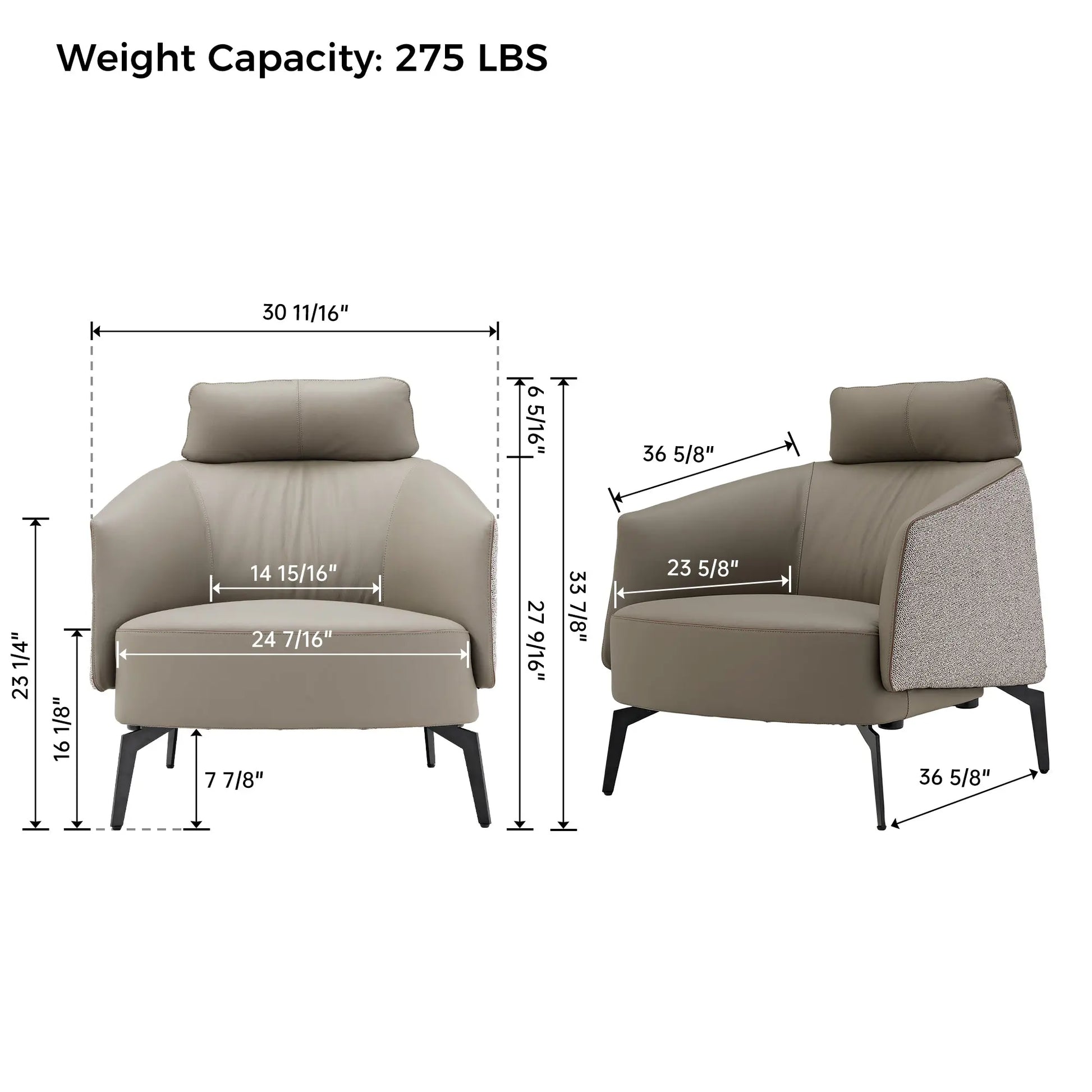 Taupe Napa Leather Lounge Chair Dimensions. Ergonomic Modern Design With Textured Fabric and Black Legs.