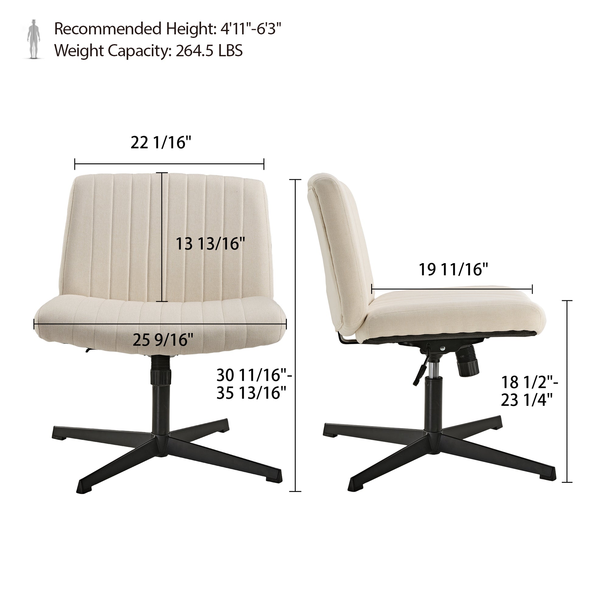 Adena Swivel Lounge Chair: Beige Linen, Black Base, Ergonomic Design, Dimensions, 264.5 Lbs Capacity, Height 4'11-6'3.