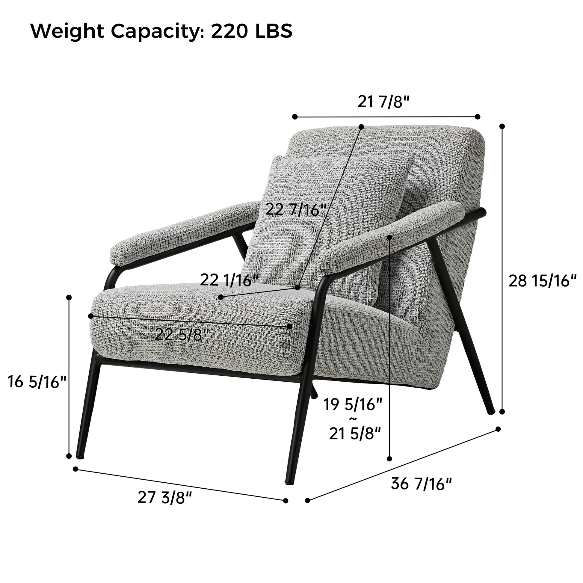 Gray Minimalist Lounge Chair Dimensions With Black Metal Frame, Weight Capacity: 220 Lbs, Modern Living Room Furniture.