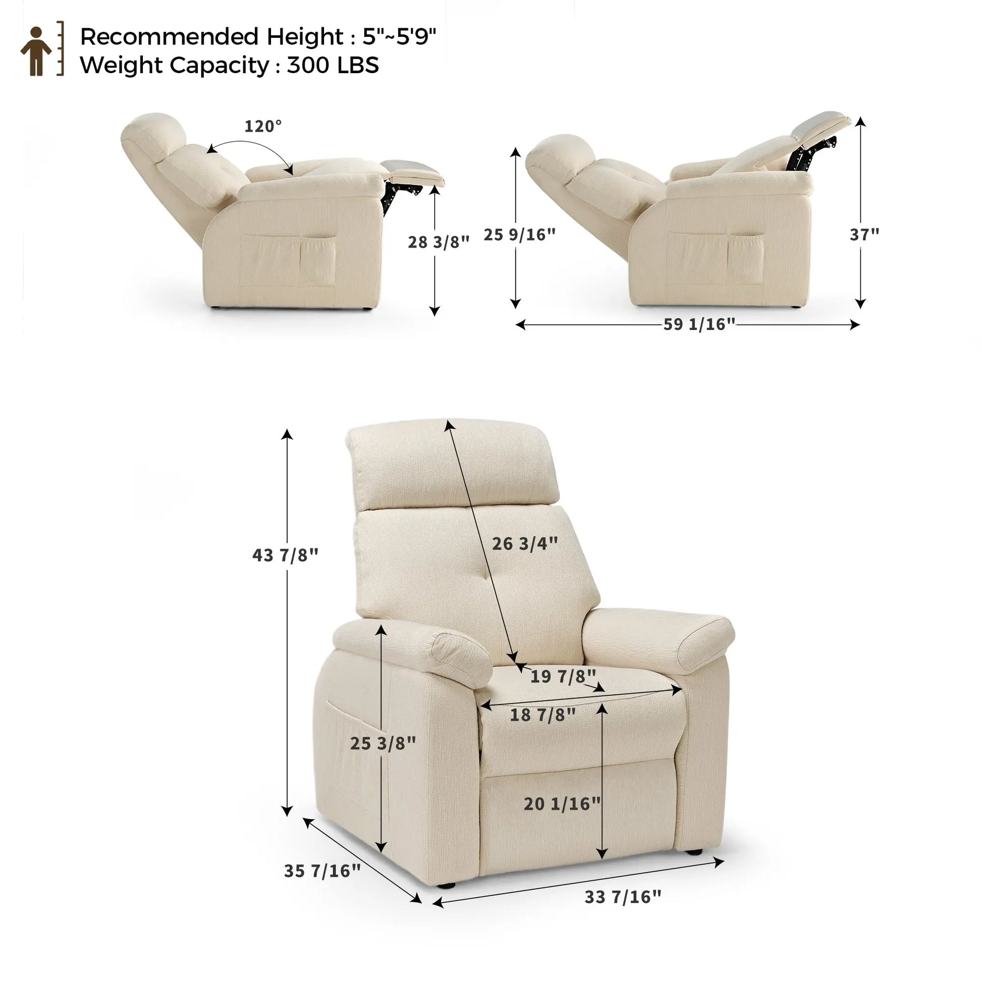 Beige Henry-Armrest Zero Gravity Recliner Chair: Cotton-Linen, Dimensions, 120° Recline. 300 Lbs Capacity, for 5'~5'9.