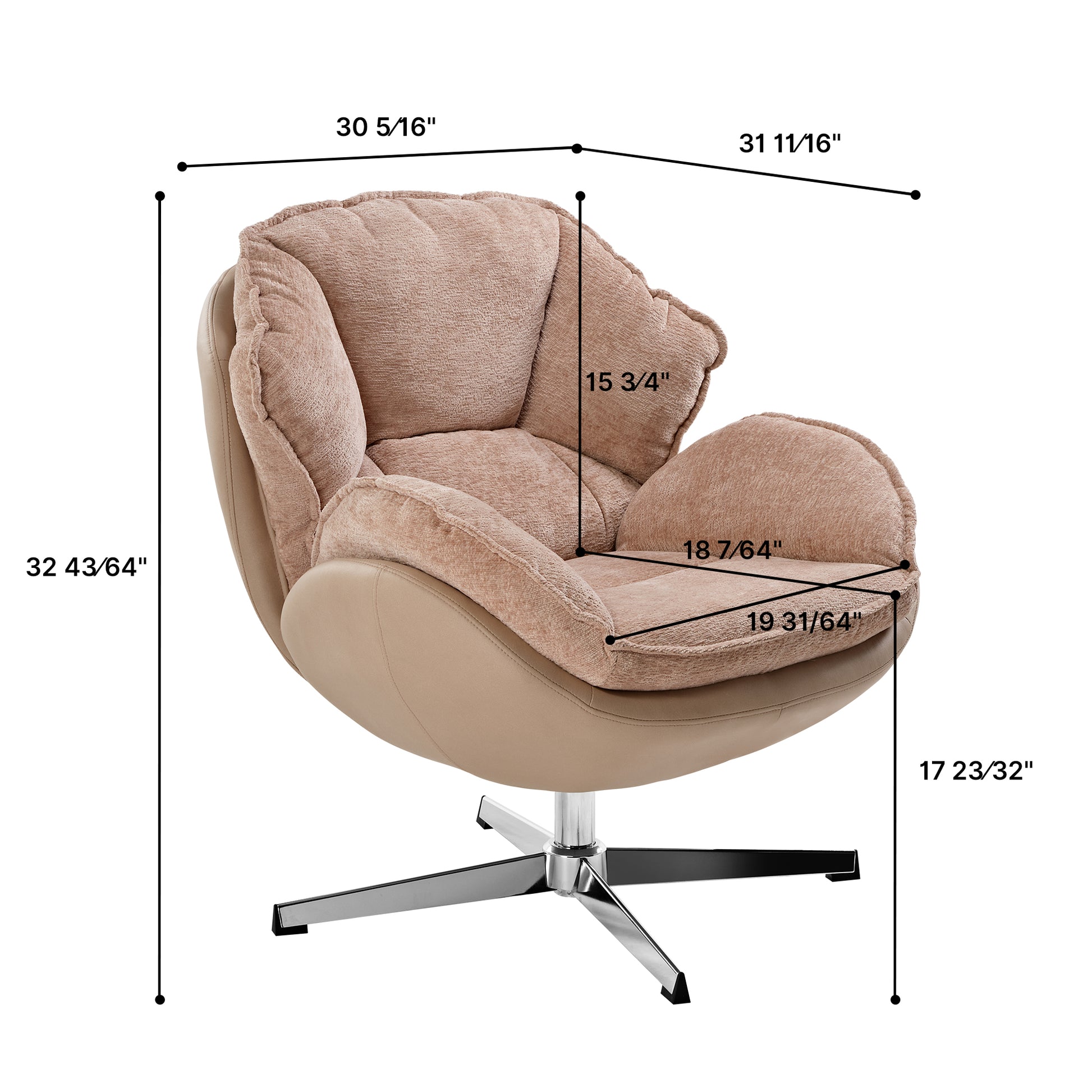 Norman Chenille Swivel Lounge Chair With Dimensions, Ergonomic Design, and Swivel Base Detail.