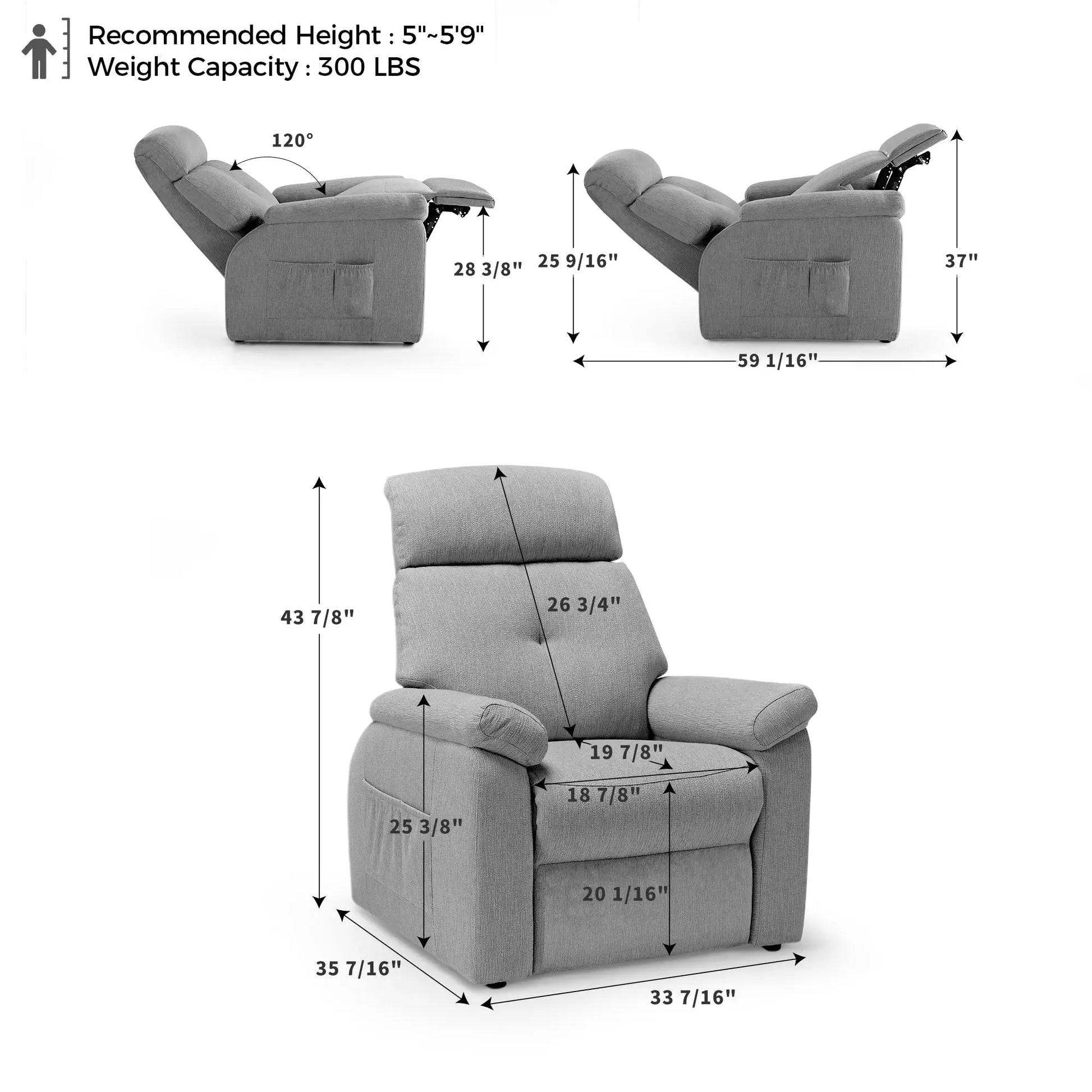Henry-Armrest Grey Power Recliner Dimensions: Cotton-Linen Fabric, Zero Gravity, 120° Recline, 300 Lbs Capacity.