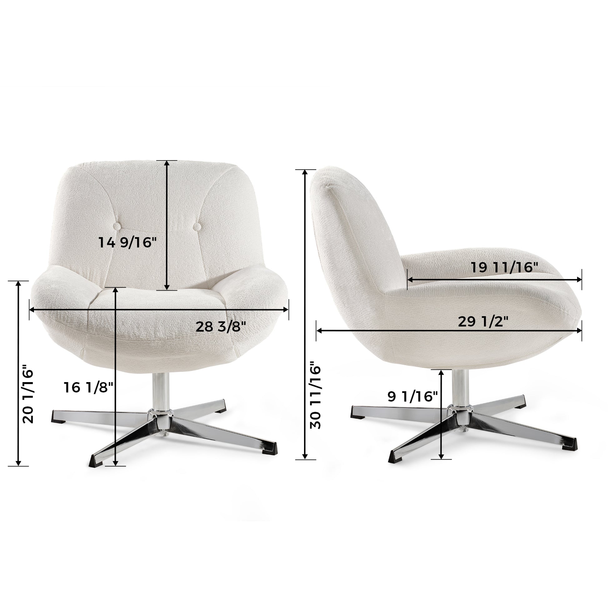Eureka Ergonomic Henry Chenille Swivel Lounge Chair With Dimensions, Off-White Fabric.