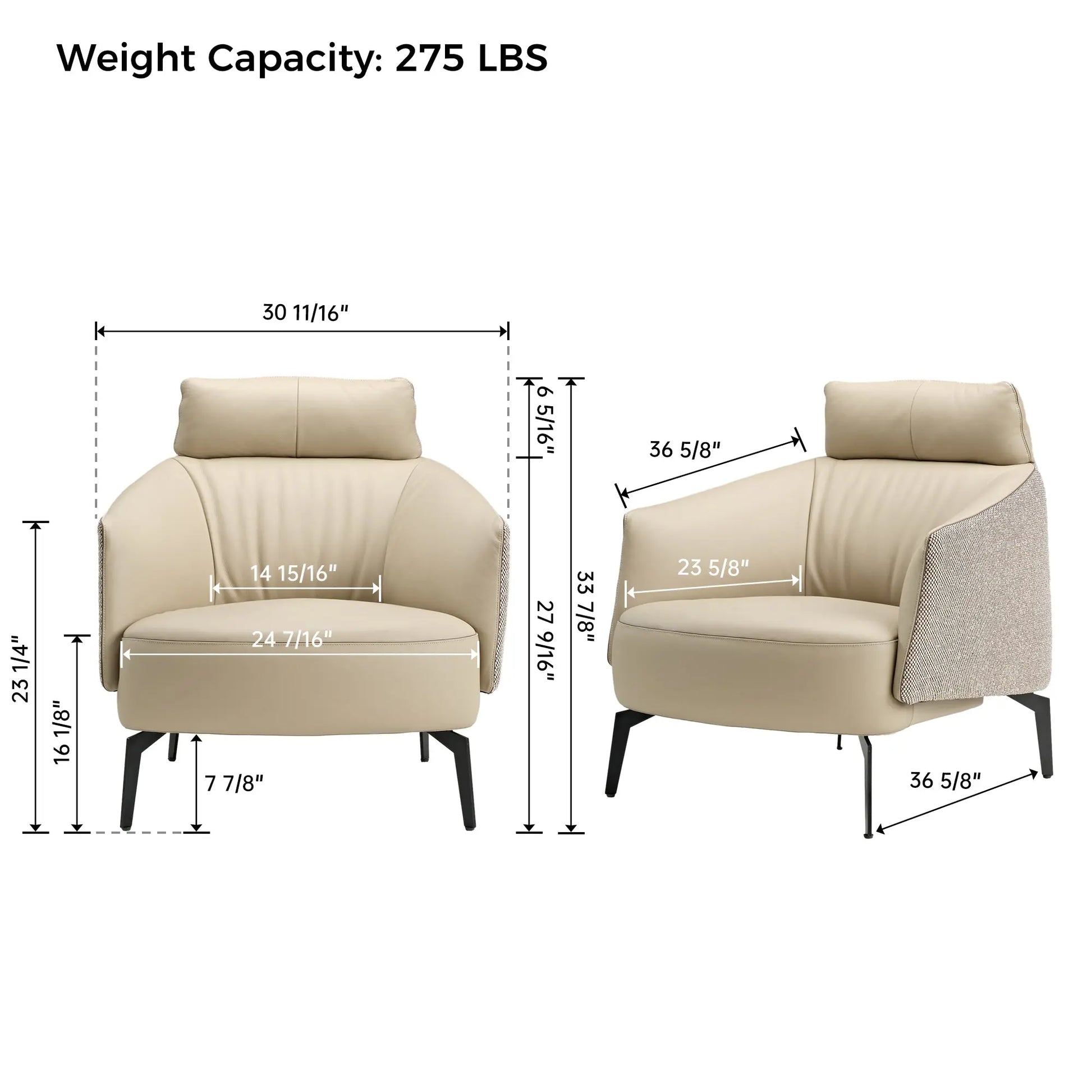 Ivory Napa Leather Lounge Chair Dimensions. Weight Capacity 275 Lbs. Ergonomic Design for Modern Living Room.
