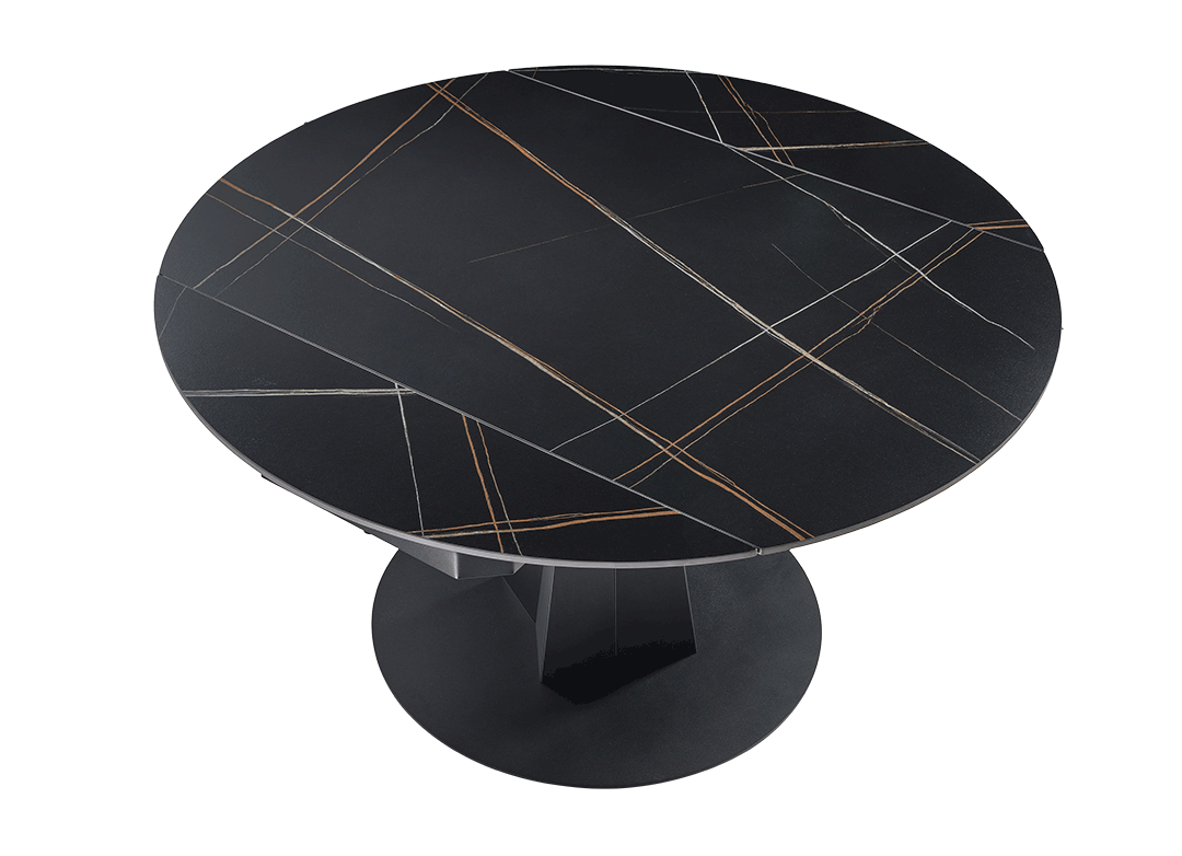 53'' Round Extending Dining Table with Stone Slab for Dining Room, black, retractable leafs. 