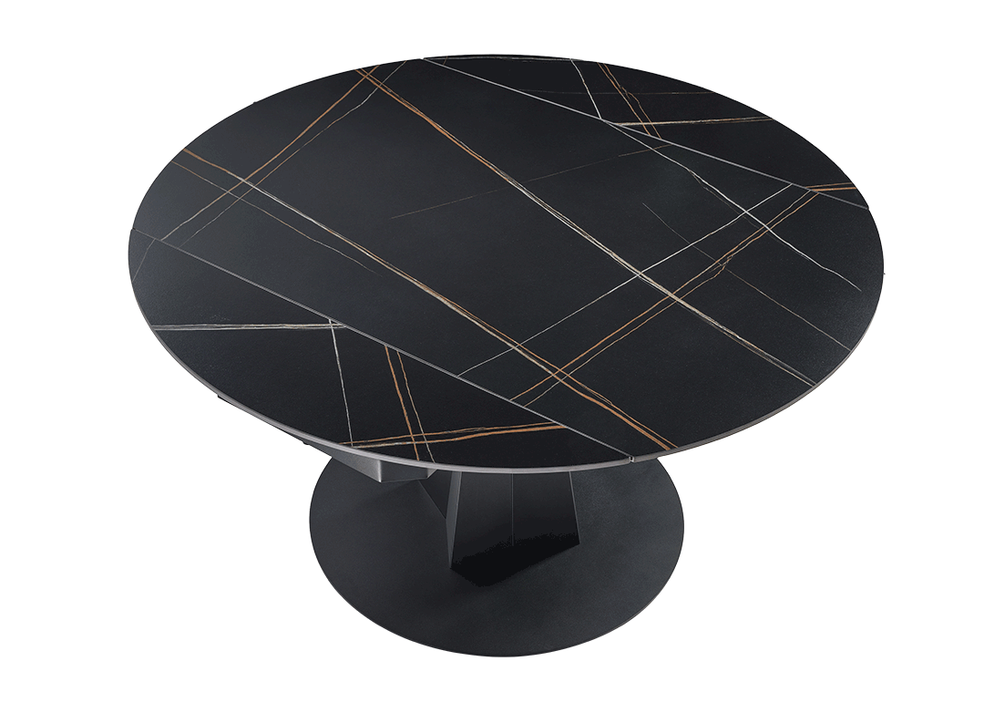 53'' Round Extending Dining Table with Stone Slab for Dining Room, black, retractable leafs.