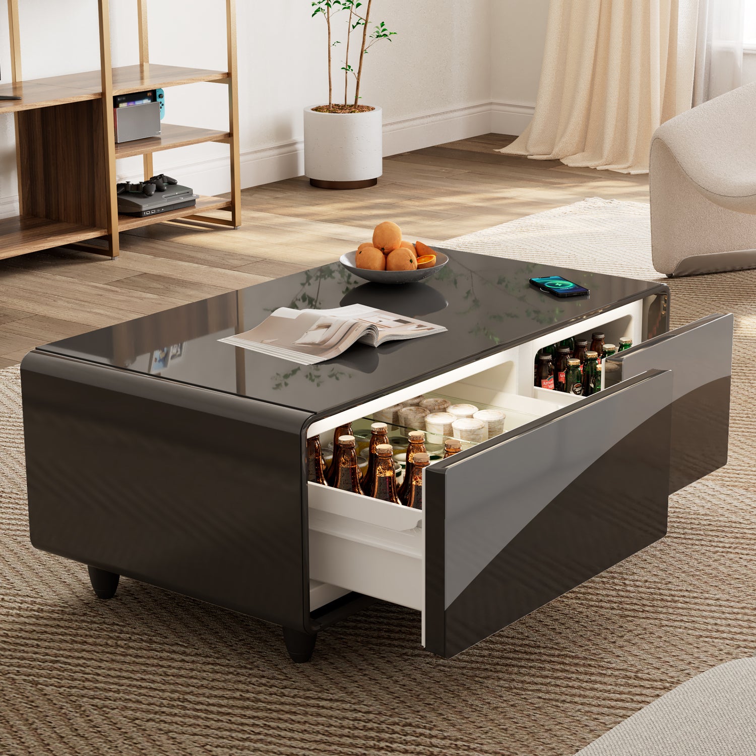 41 inch Black Smart Fridge Coffee Table with Bluetooth Speakers with Glass Top, Piano Black Sides, Lifestyle Fridge Drawer Open
