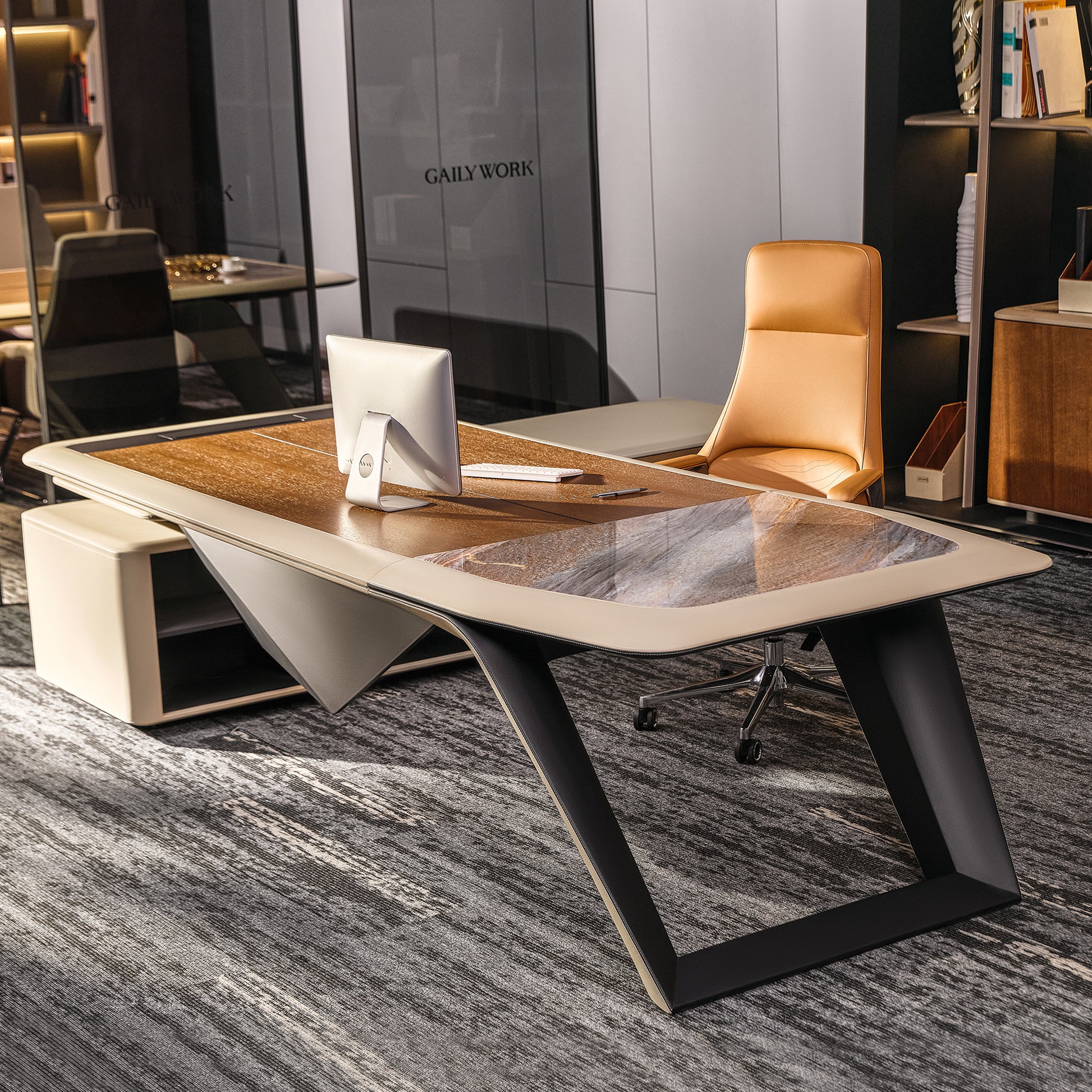 Eureka Ergonomic Zen Lunar executive desk with wood grain top, marble inlay, beige leatherette border, and matte black metal base.