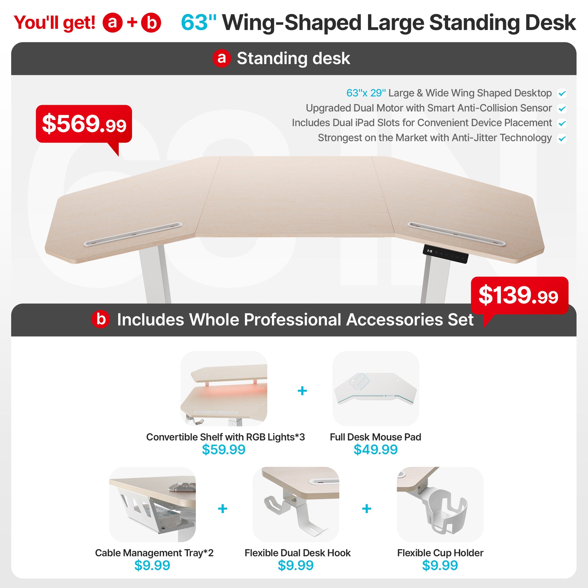 Eureka Ergonomic Aero Pro 63" wing desk bundle with pricing for desk and accessories.