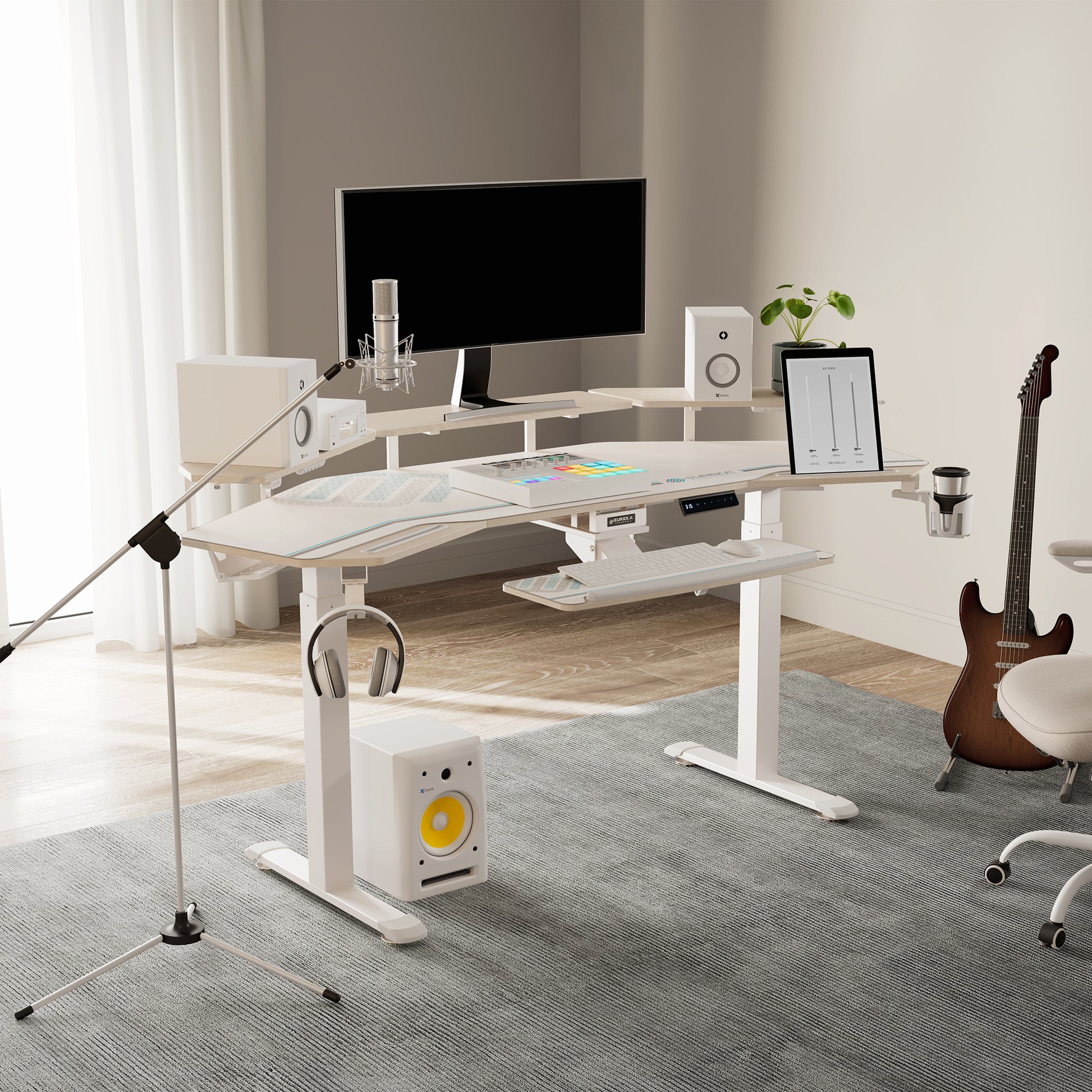Eureka Ergonomic Aero Pro Desk Setup, Dual Monitors, Microphone, and Accessories in a Modern Home Studio.