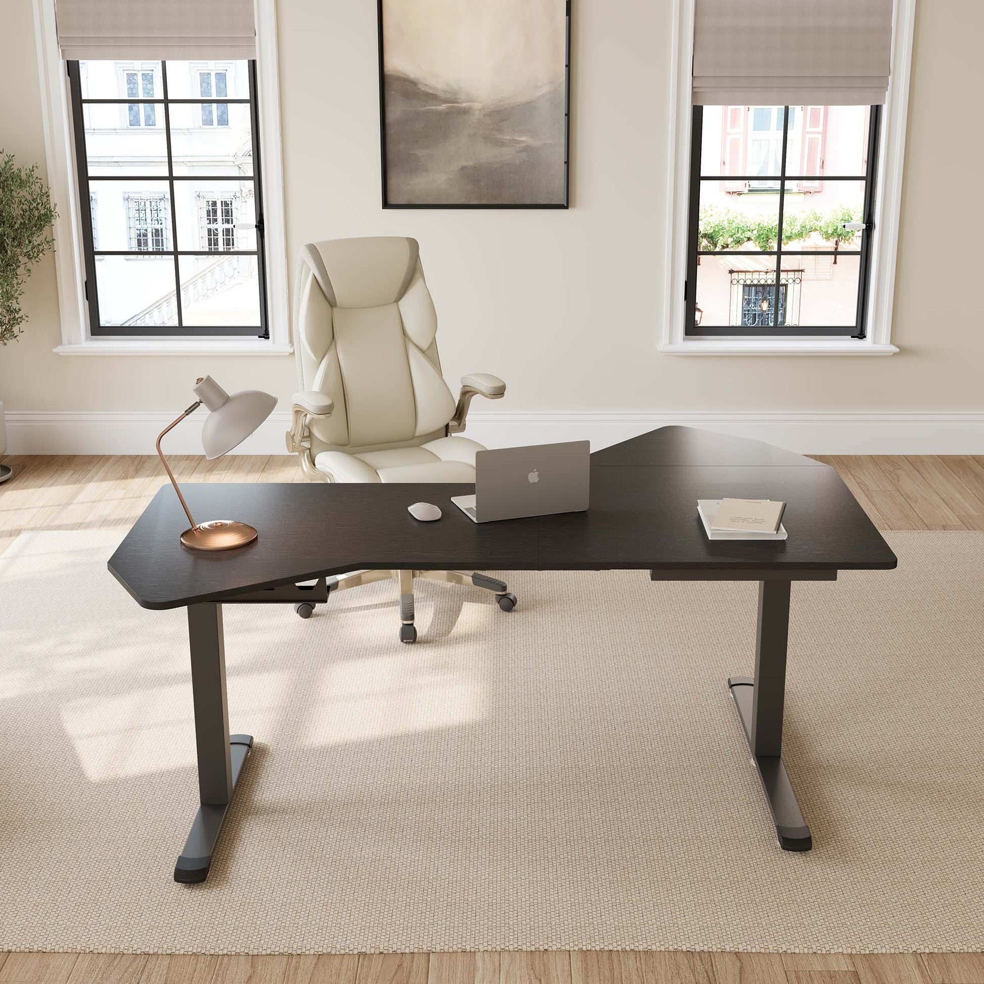 Ergonomic Office Standing Desk in Dark Wood Grain Finish, Ideal Workspace for Modern Home Office.