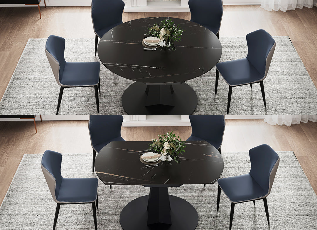 53 inch Black Round Extending Dining Table with Black Base, Expanded and Retracted