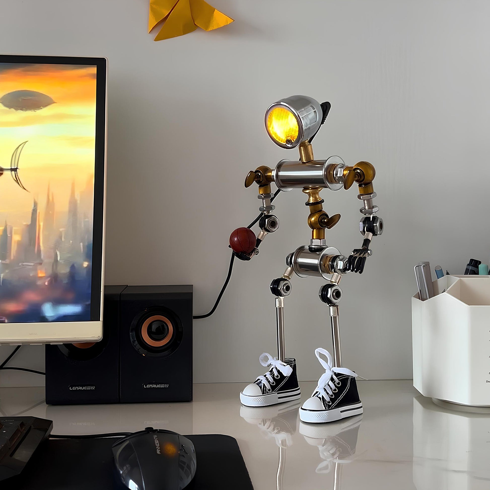 Robot-Shaped Cyberpunk Table Lamp With Industrial Design, Wearing Miniature Sneakers, HD-19 Decor.