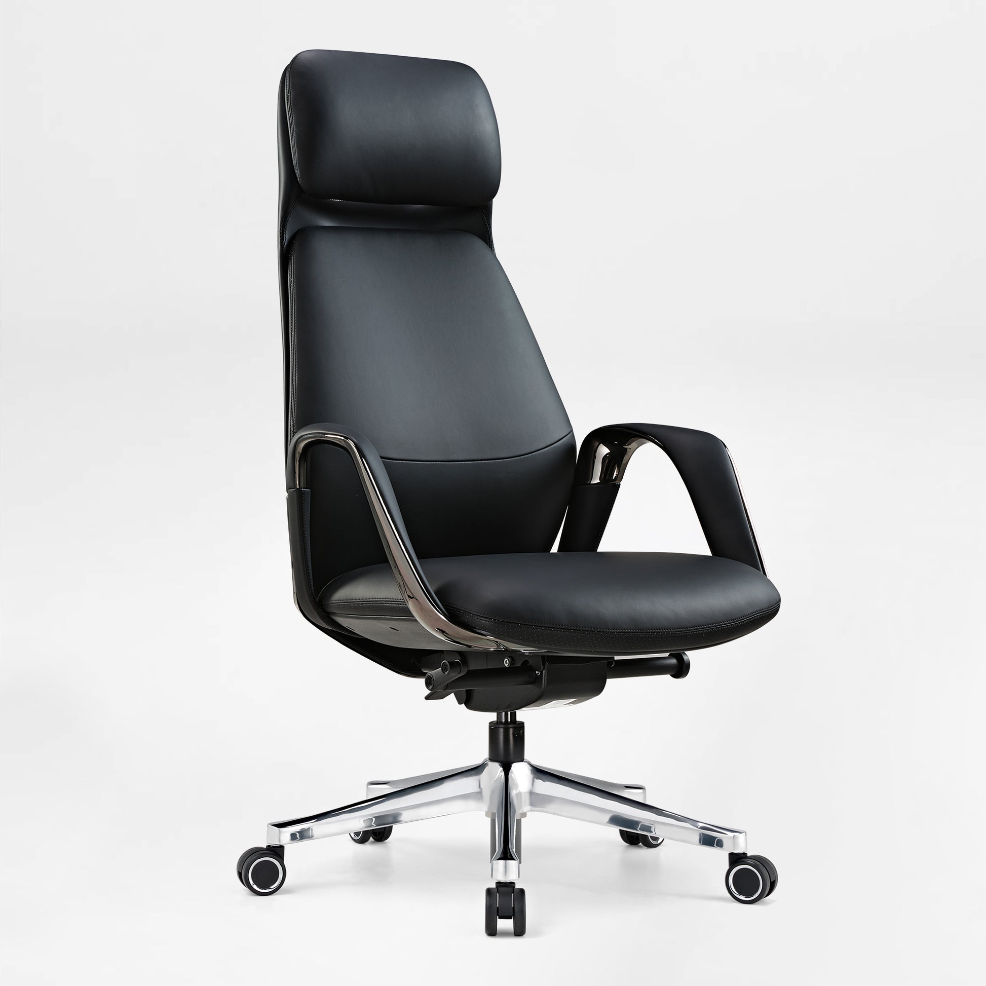 Eureka Ergonomic Serene black Napa leather executive office chair with high back and chrome accents on white background.
