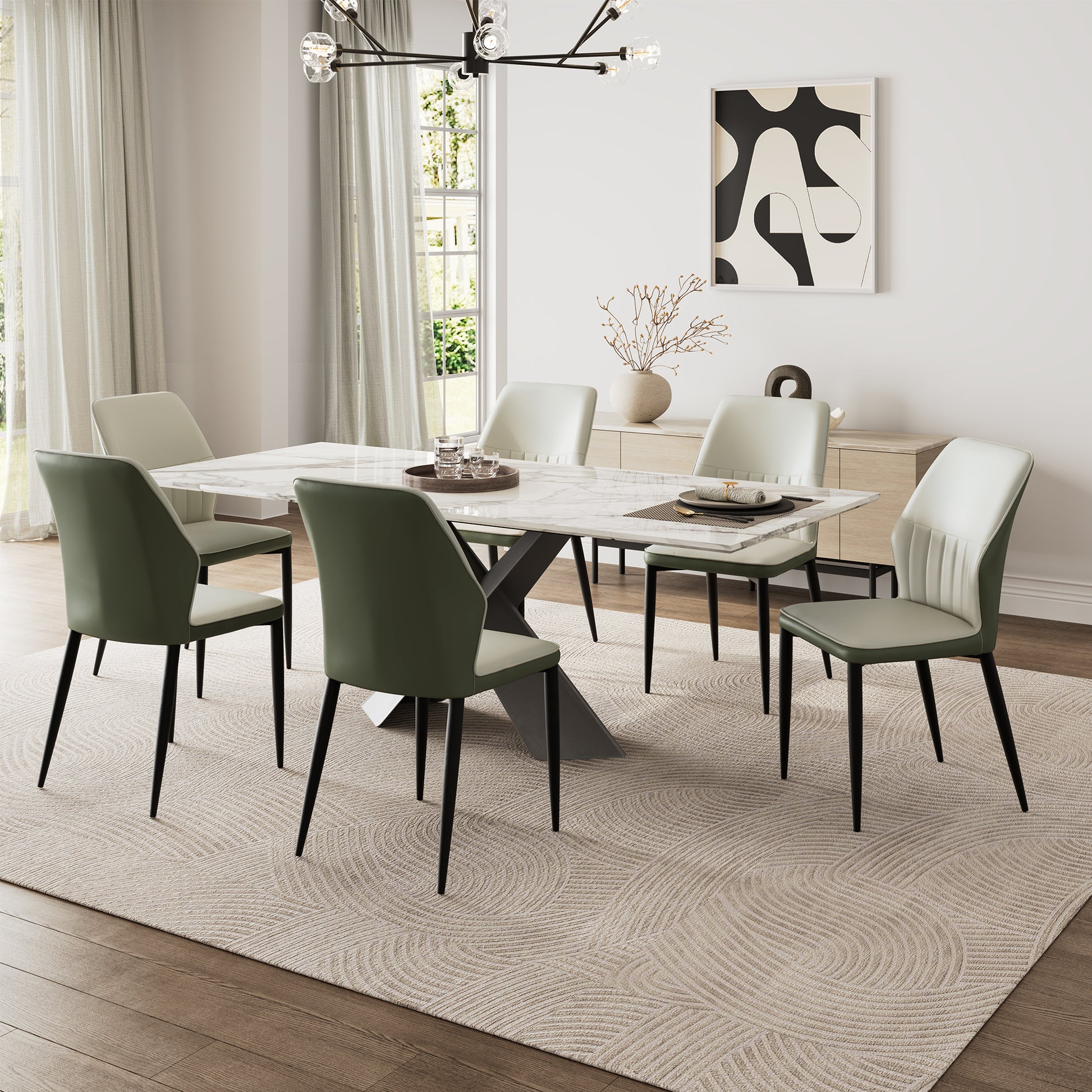 Ember Dining Chair Set in Gray and Bottle Green in a Modern Dining Room, Minimalist Design.