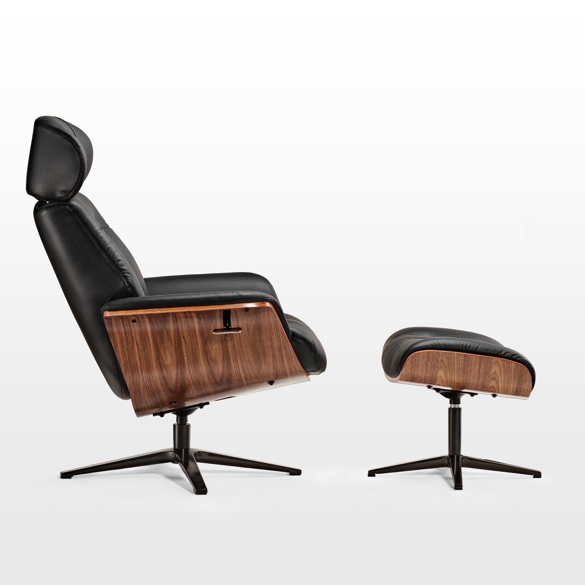 Matteo Lounge Chair With Ottoman, Black Leather and Wood Accents. Luxury Living Room Furniture Set.