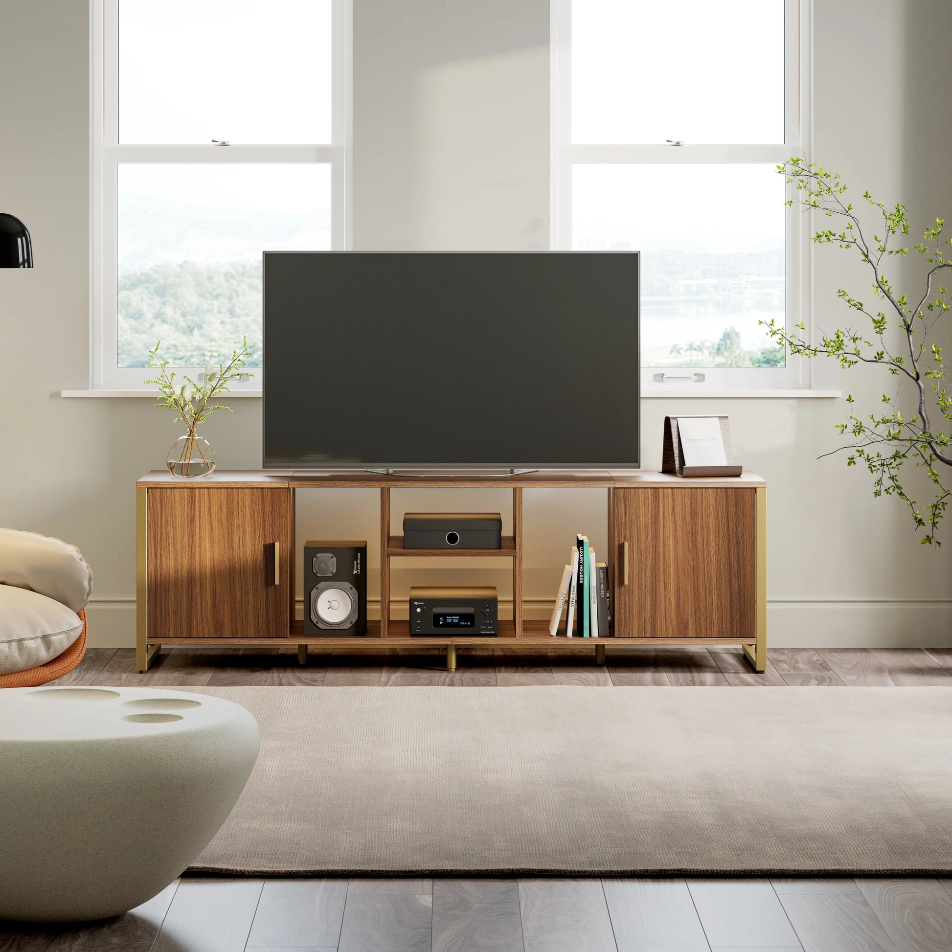 Sonoma 70 Tv Stand Media Console, Modern Wood Grain Tv Stand With Led Lights in a Living Room Setup.