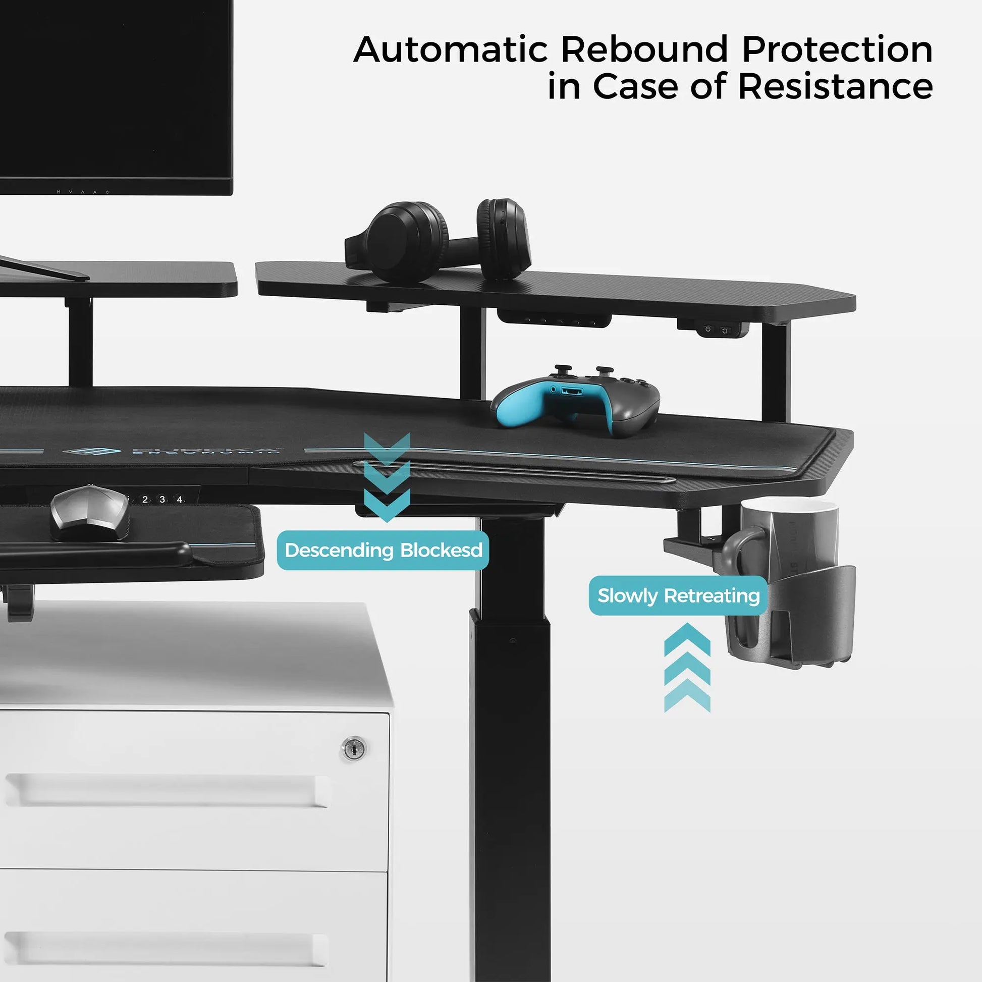 Eureka Ergonomic Aero Pro Standing Desk Features: Rebound Protection, Blocked, and Retreating.