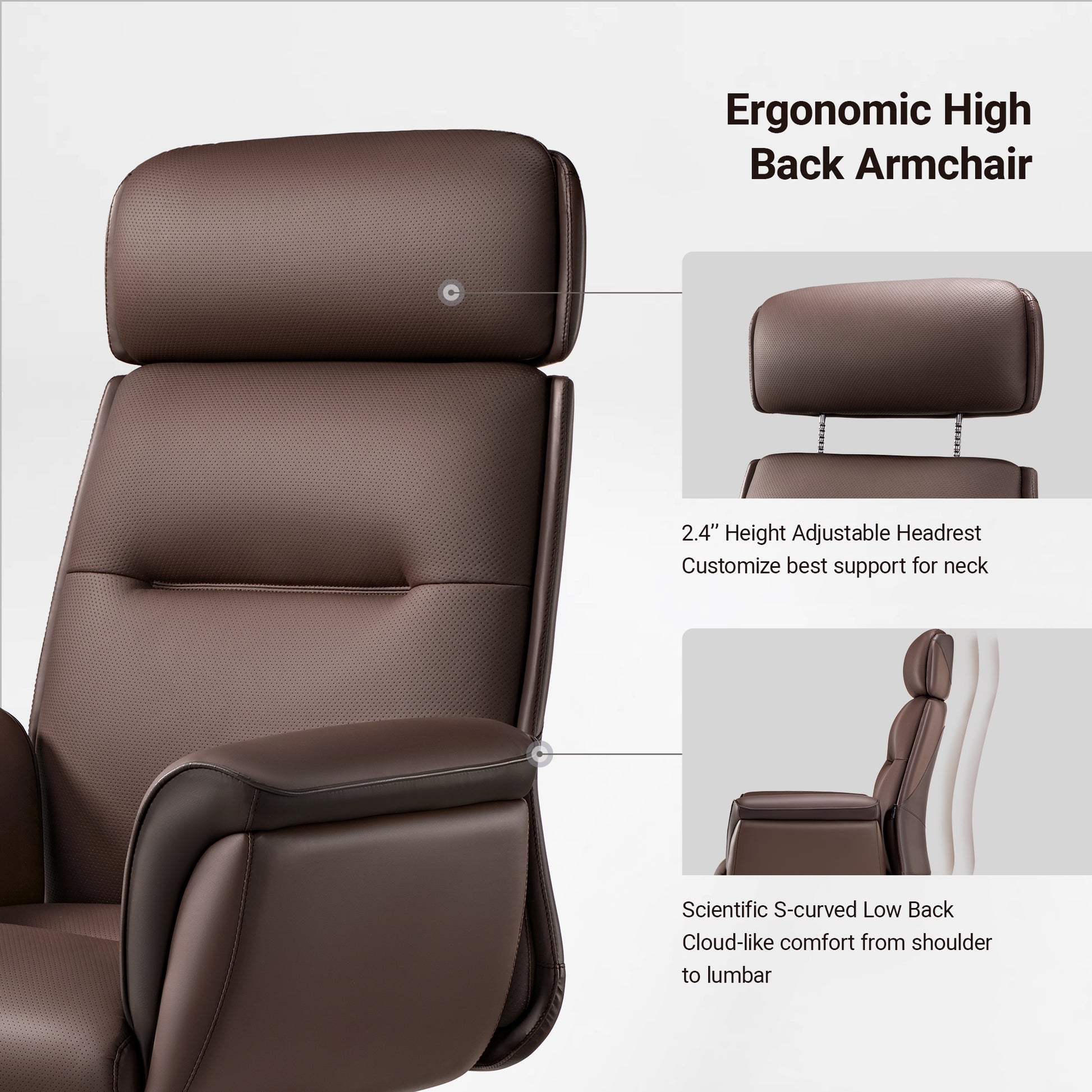 Eureka Ergonomic Brown microfiber leather executive office chair with perforated headrest and S-curved lumbar support.