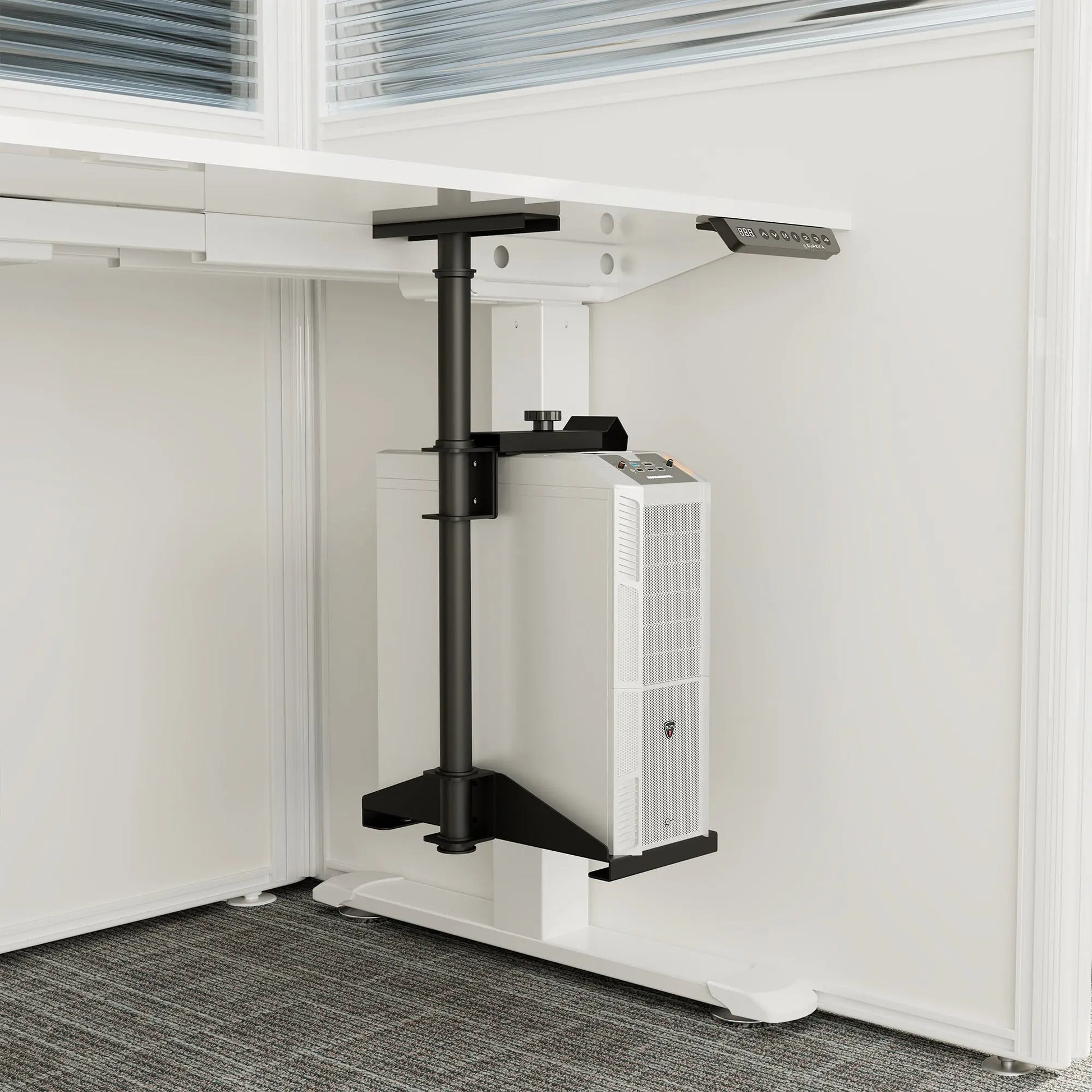 Eureka Ergonomic Height & Width Adjustable Cpu Hanger With a Black Support Arm and White Pc Tower.