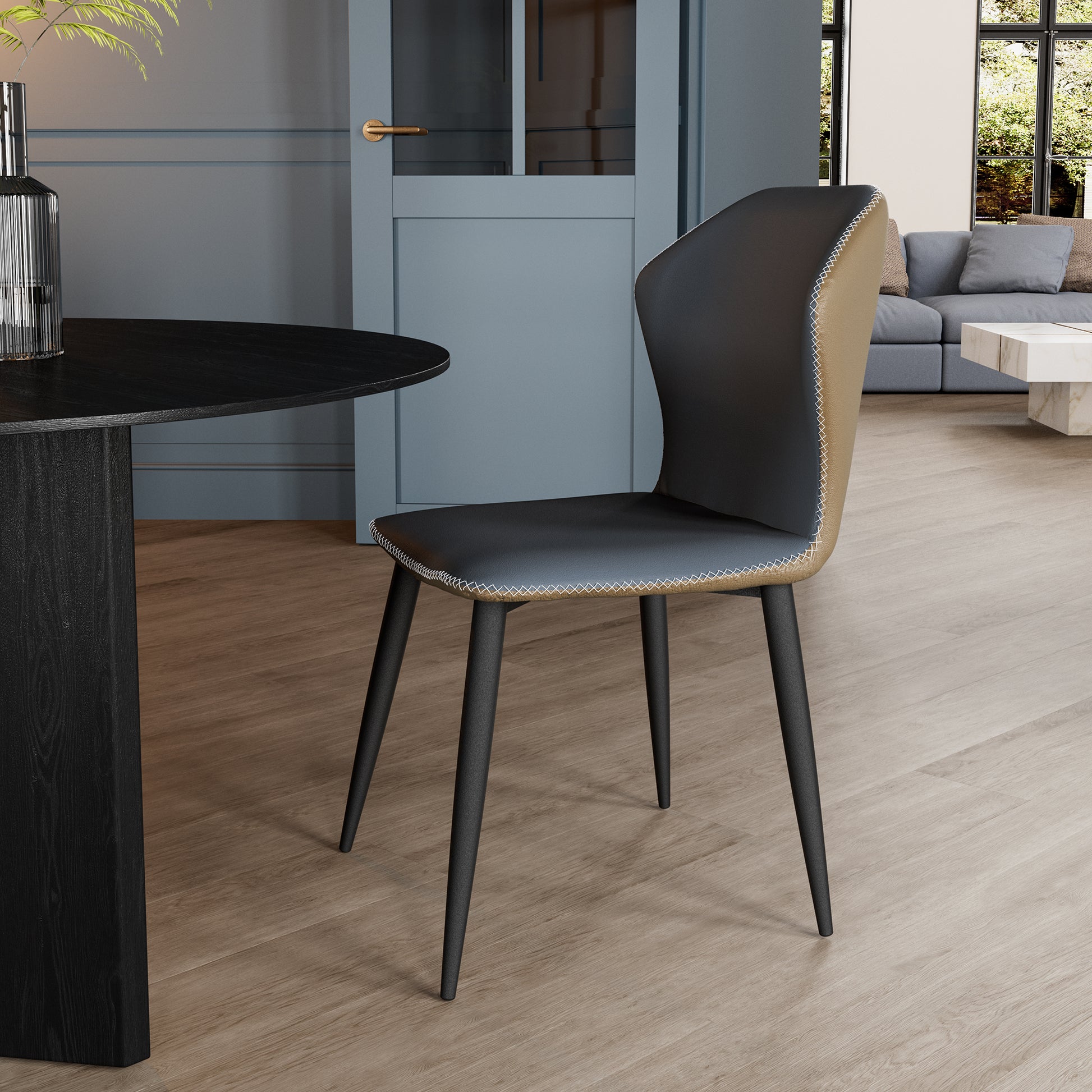 Black and Tan Upholstered Dining Chair With Black Metal Legs. Modern Dining Room Furniture.