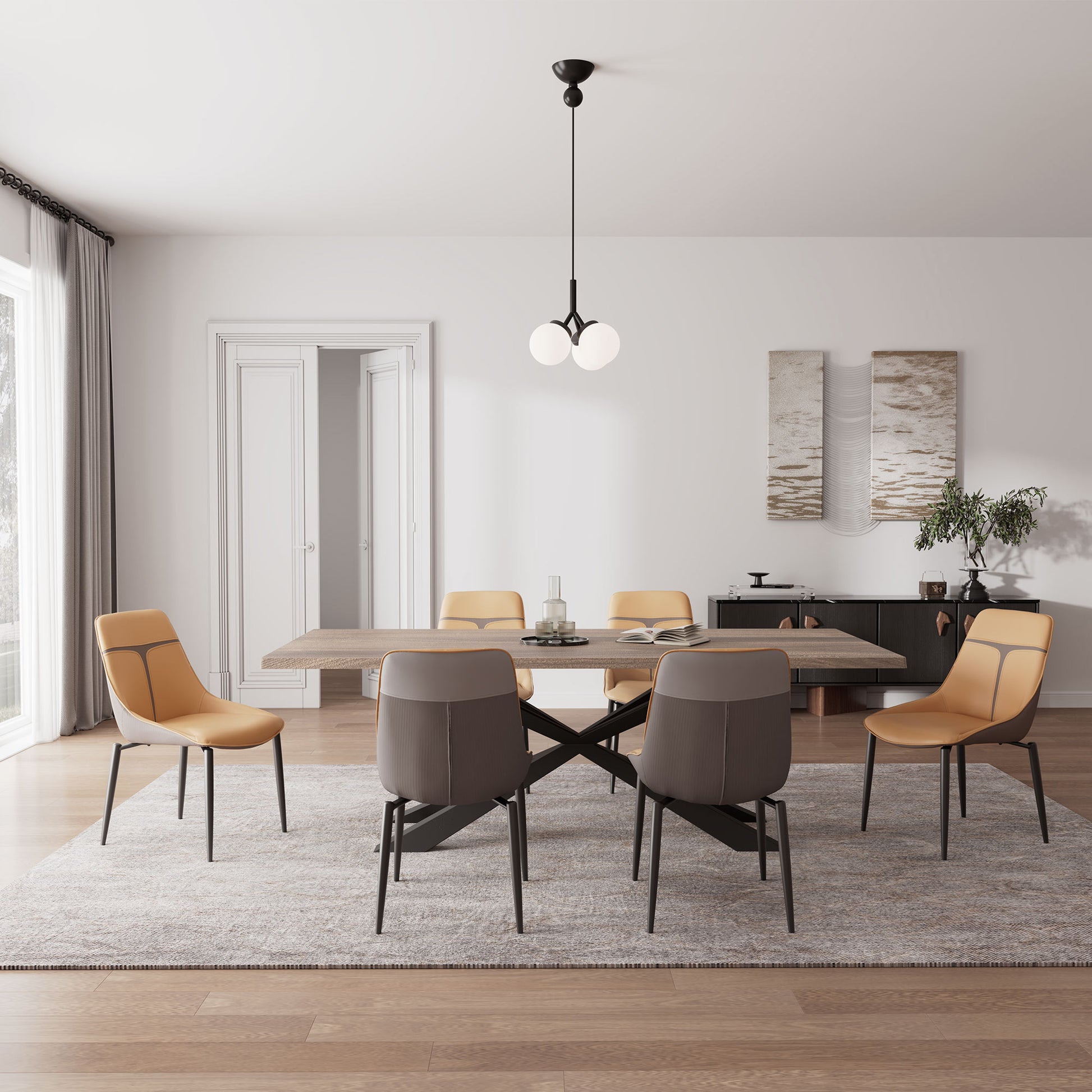 Couture Dining Set With Turmeric Leather Chairs and Gray Accents, Modern Dining Room, Ergonomic Design.