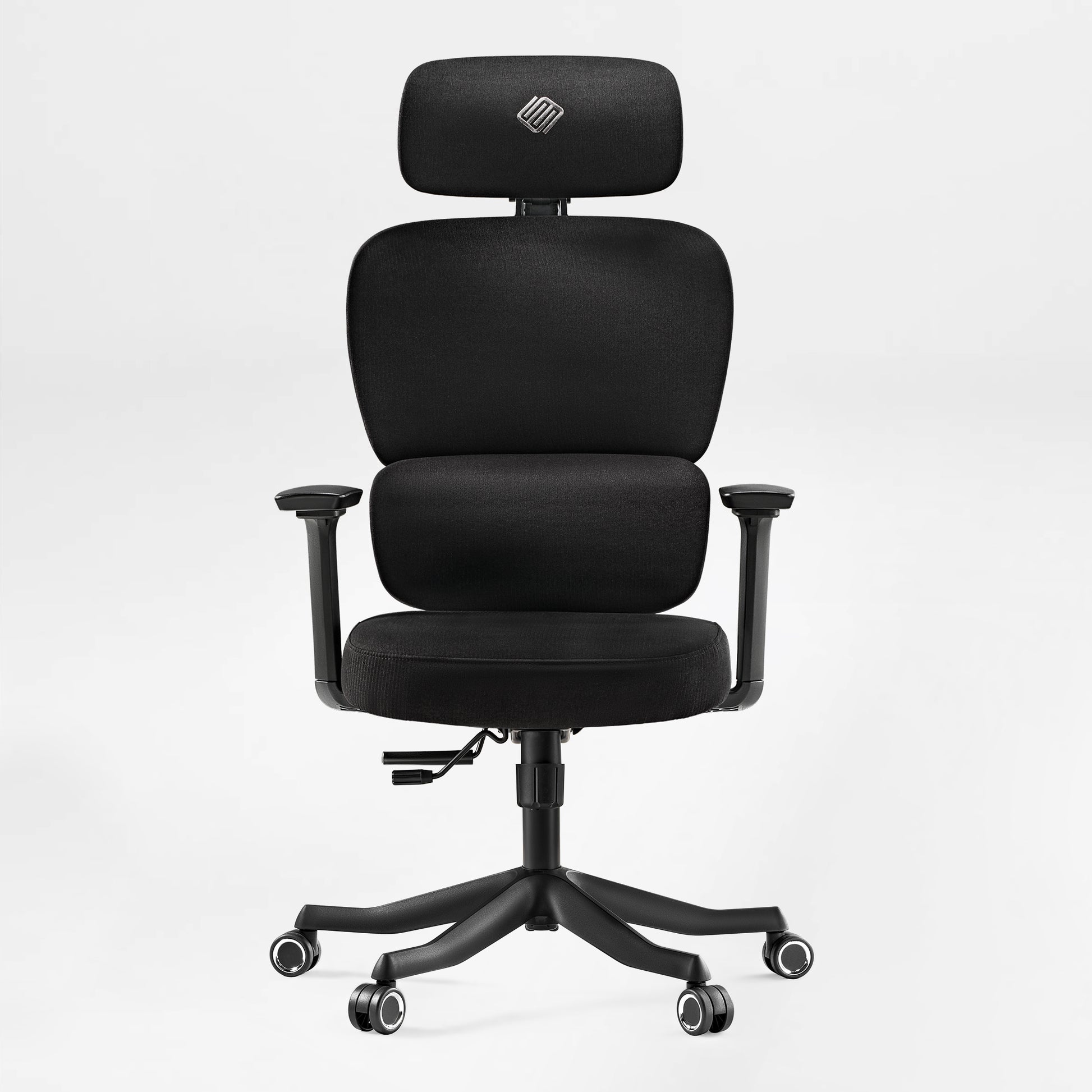 Black office chair with headrest on a white background, green, fabric