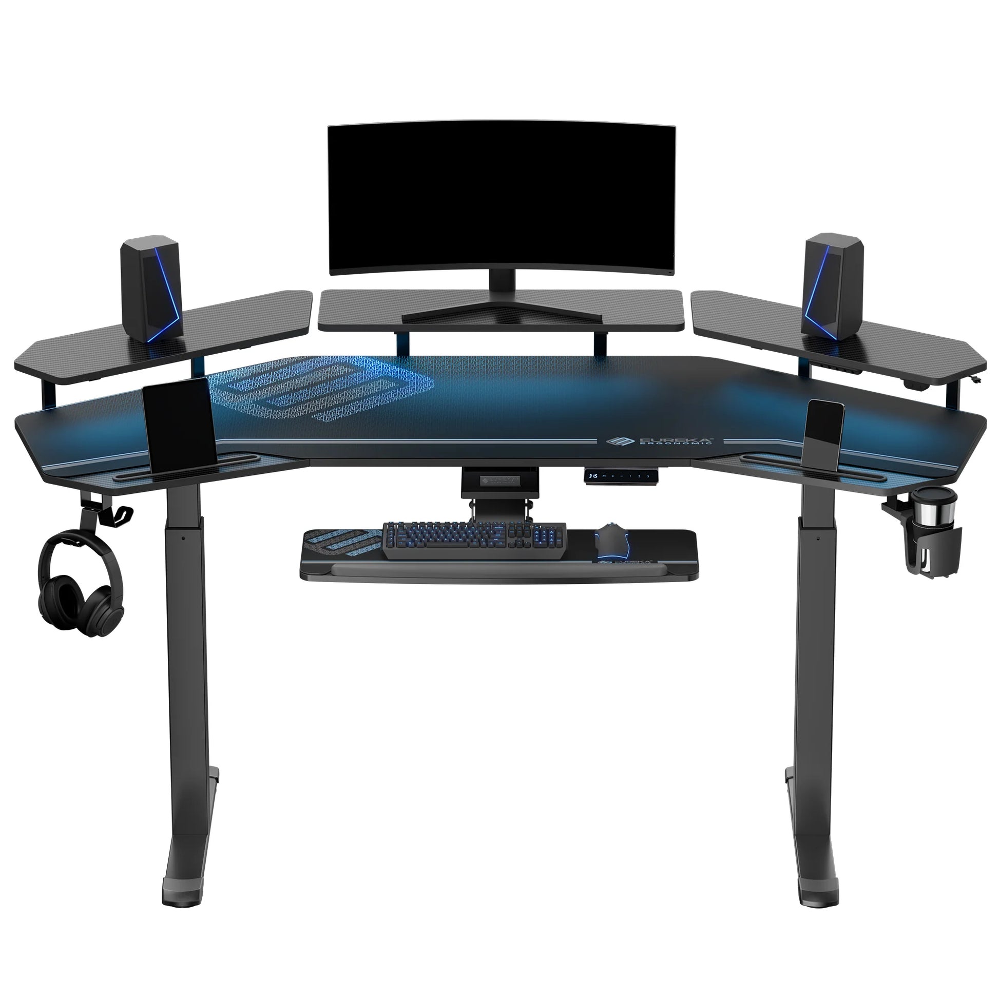Eureka Ergonomic Aero Pro Wing-Shaped Standing Desk, Black Ergonomic Setup With Monitor, Speakers, and Accessories.