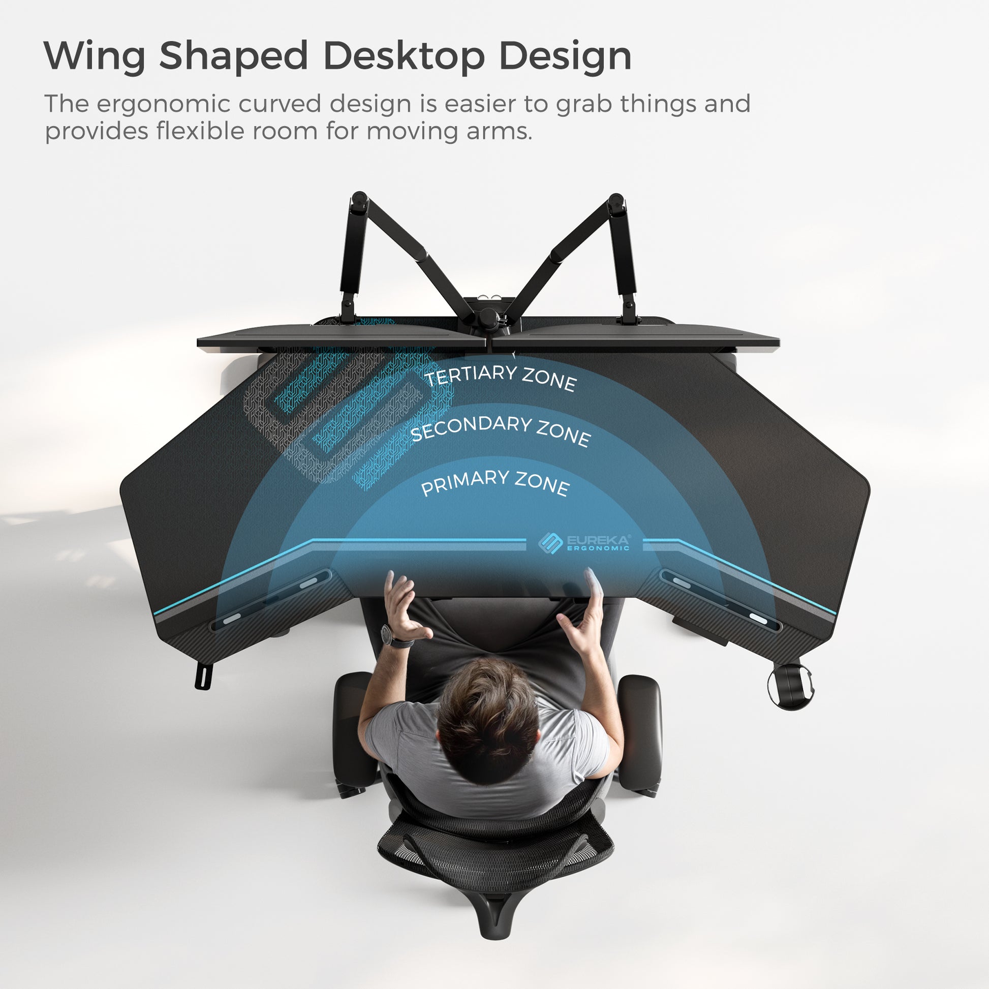 Eureka Ergonomic Aero Pro 63" wing desk showing ergonomic zones for primary, secondary, and tertiary reach.